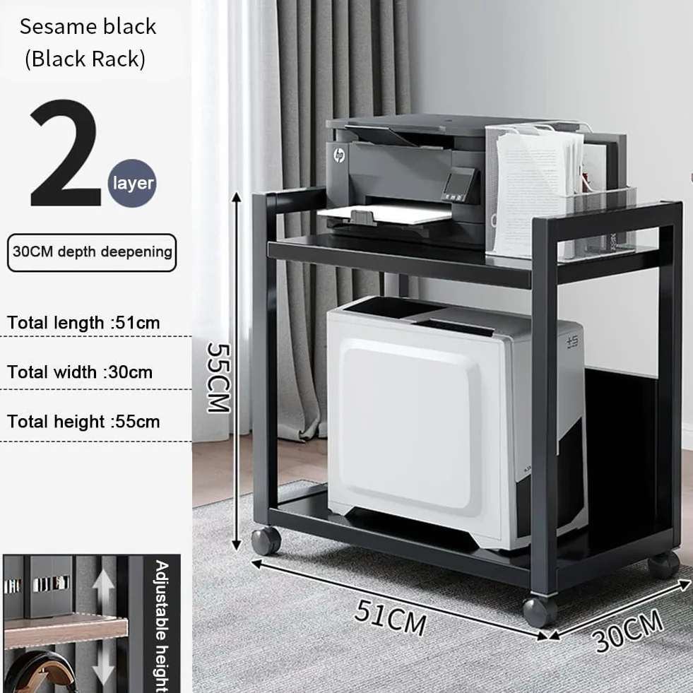 Soporte para Torre de Ordenador de 2 Niveles, Altura Ajustable con Ruedas, Soporte para CPU de PC, Mesa de Impresora de Metal para Salón, Dormitorio, Estudio,Oficina, 51 x 30 x 55 cm