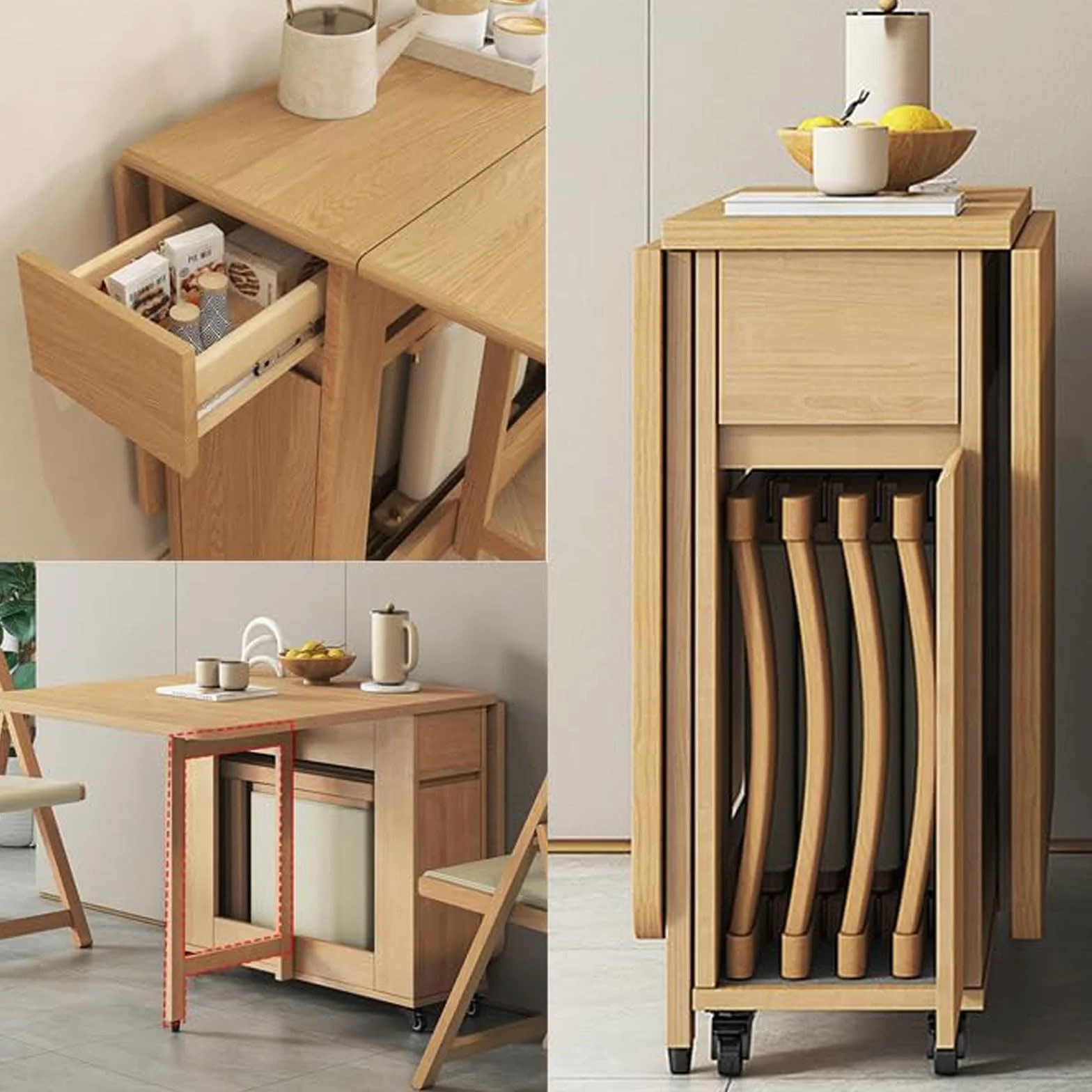 Juego de Mesa de Comedor Plegable, Comedor Extensible Que Ahorra Espacio con 2 cajones de Almacenamiento Ocultos y 4 Ruedas, Mesa Auxiliar abatible for Apartamentos y hogares