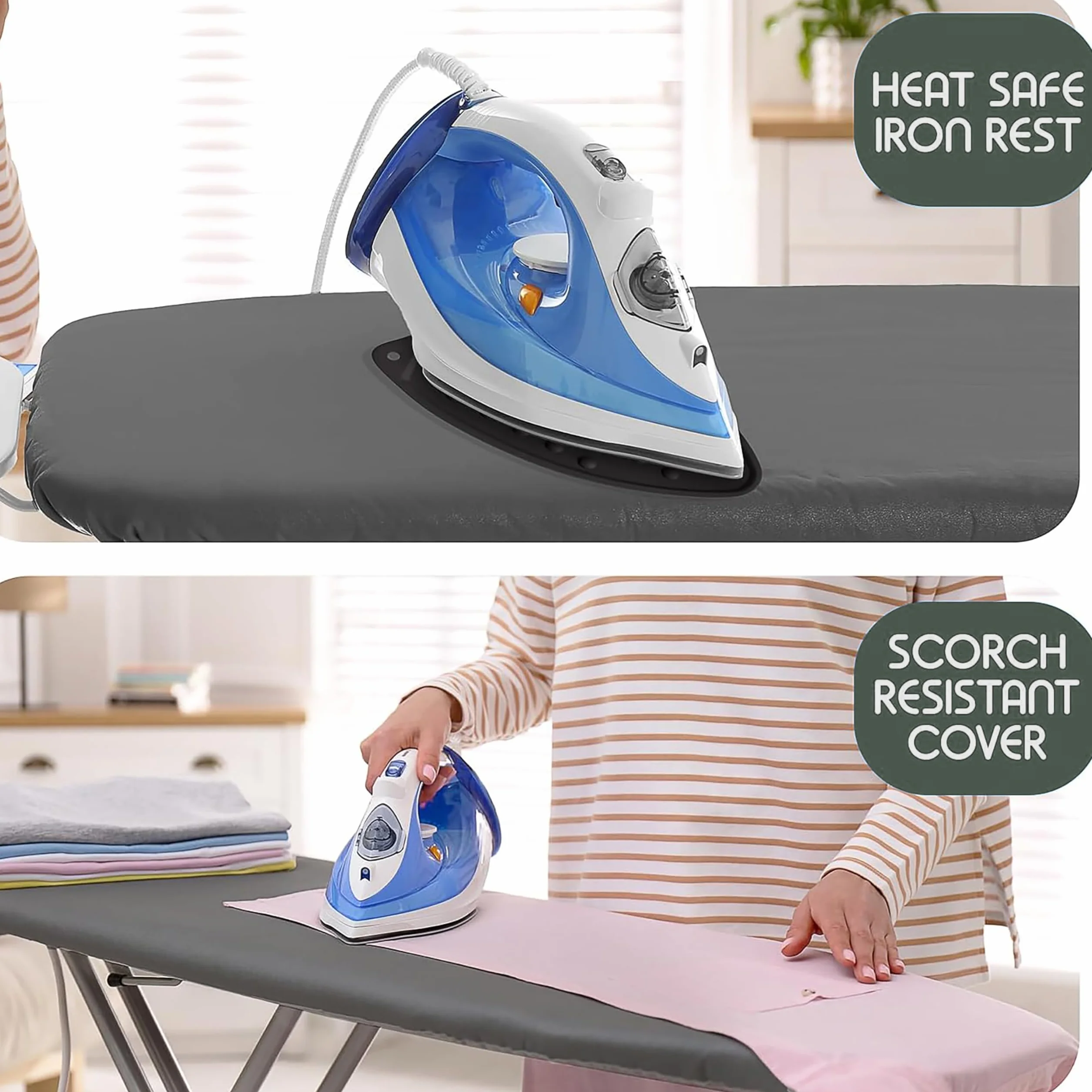 Hearth & Harbor Ironing Board Cover and Pad 15x54 Full Size, Thick Heavy Duty Scorch Resistant Padding Elastic Edge Hook & Loop Fastener, Iron Board Cover with Padding, Grey