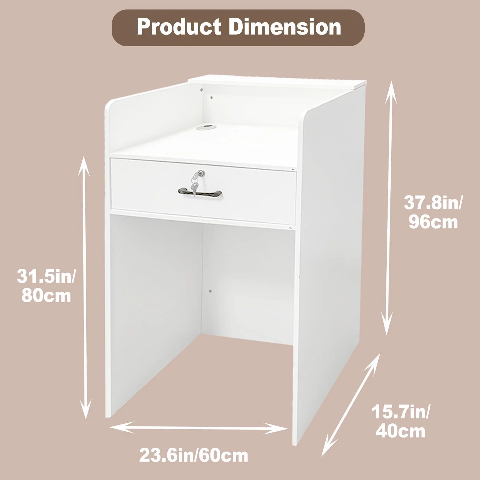 Pequeño mostrador con luz LED, moderno mostrador con cajón con cerradura, mostrador blanco para tienda de ropa, vestíbulo, salón de belleza, color blanco, 60 x 40 x 96 cm