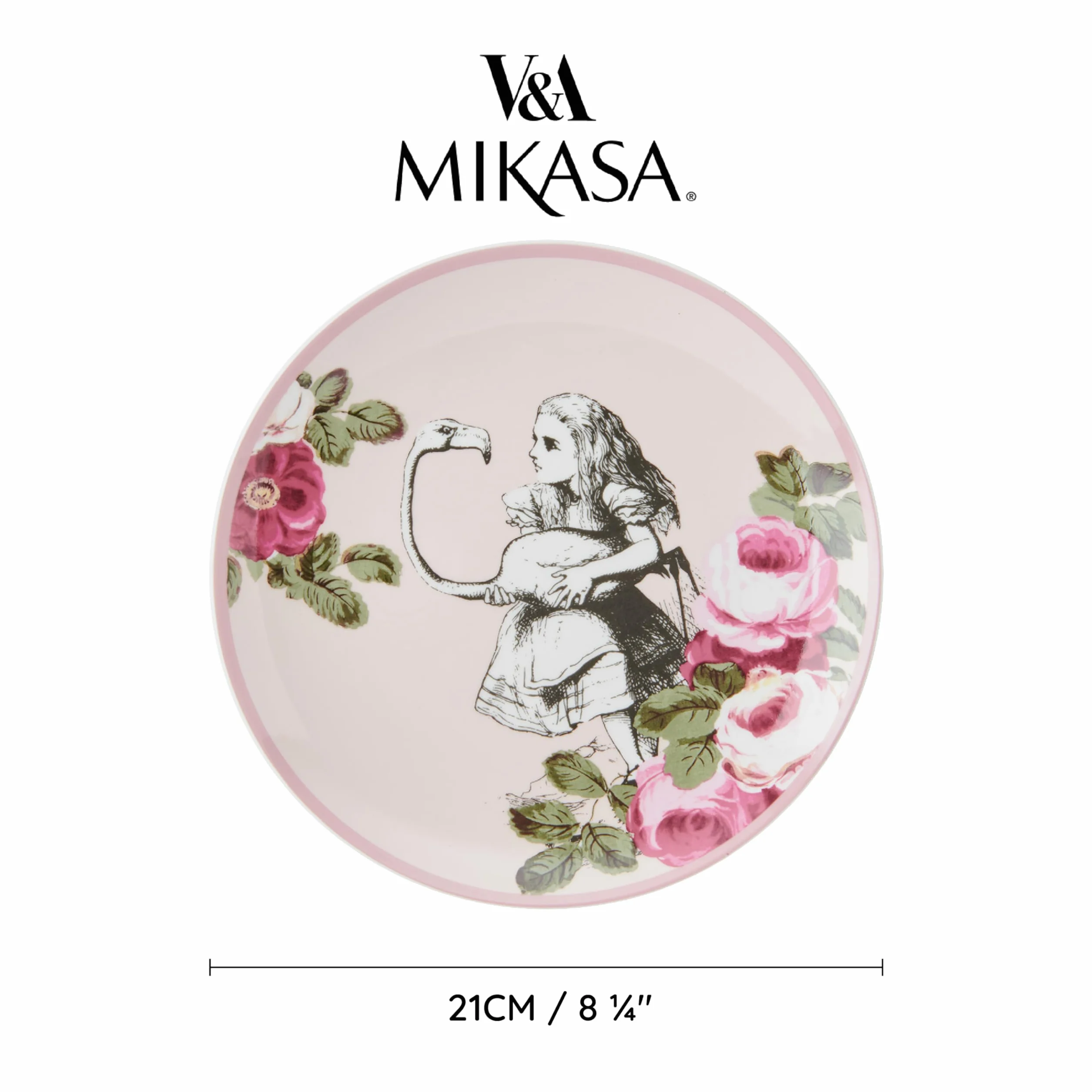 MIKASA and The V&A - Juego de 4 platos para tartas para té de la tarde, 21 cm, porcelana china, té de Alicia en el país de las maravillas, apto para lavavajillas y en caja de regalo