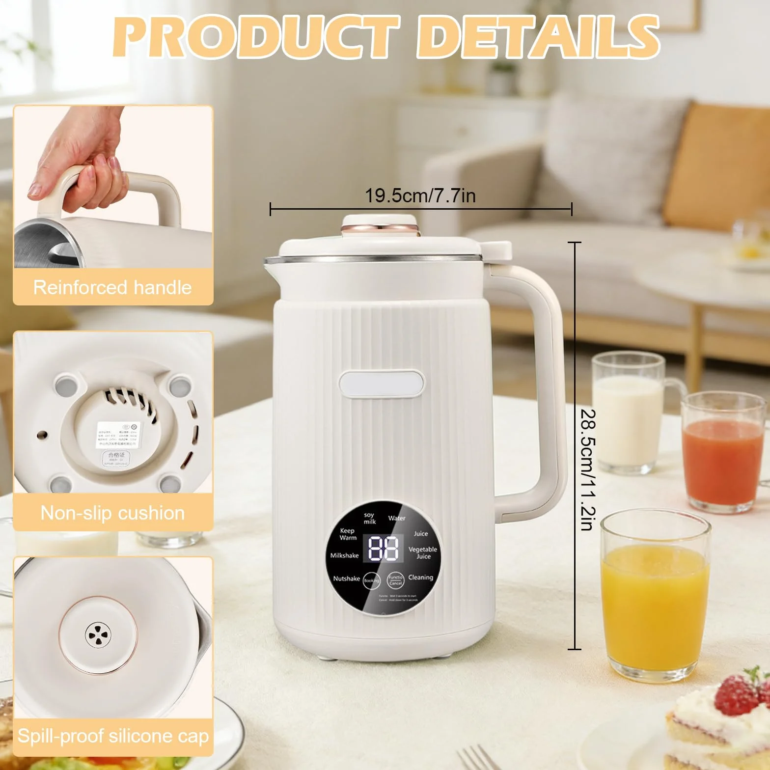 Máquina de Leche Vegetal 8 en 1, 1.2L con Autolimpieza, Temporizador - Elabora Leche de Avena, Almendra, Soja, Frutos Secos y Zumos (Blanco)
