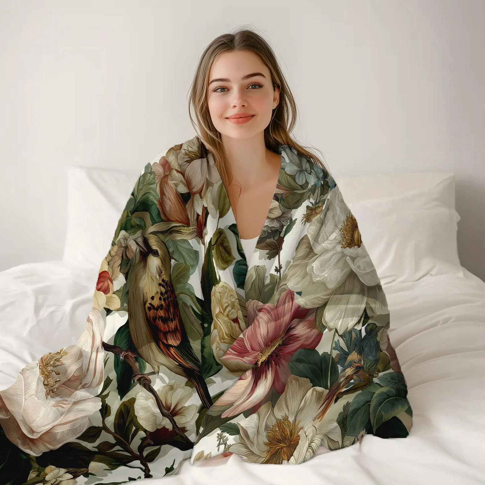 Manta de forro polar de franela, crema suave duradera cálida peluche 200 x 220 cm mantas, vintage plantas enredaderas rosas flores impresión manta franela día de la madre Navidad regalos para mamá