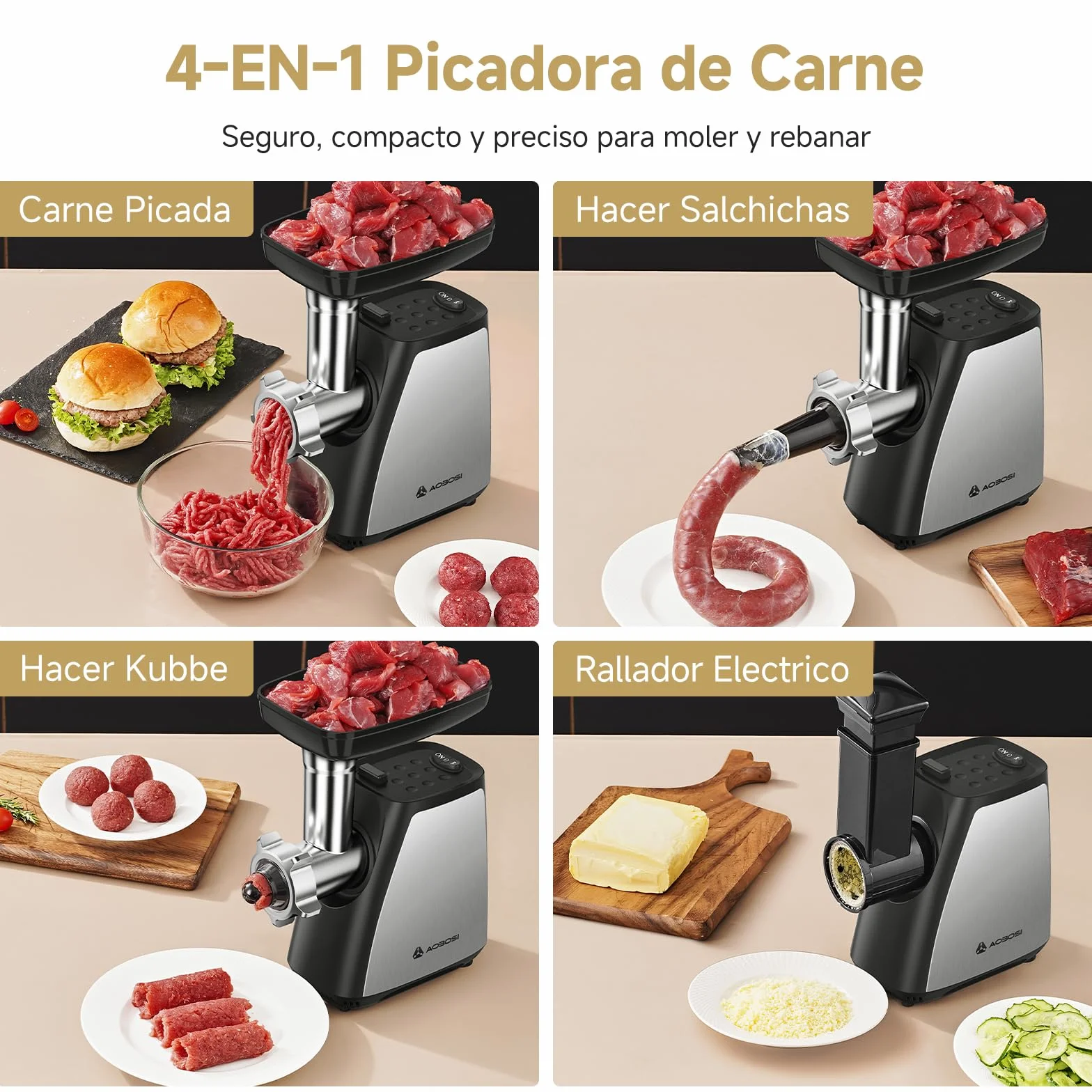 AAOBOSI Picadora de Carne, 4-En-1 Picadora de Carne Eléctrica [2800W Max] con 3 Cuchillas para Cortar, 2 Cuchillas para Desmenuzar, 3 Platos, Rellenador de Salchichas, Kit Kubbe, Acero Inoxidable