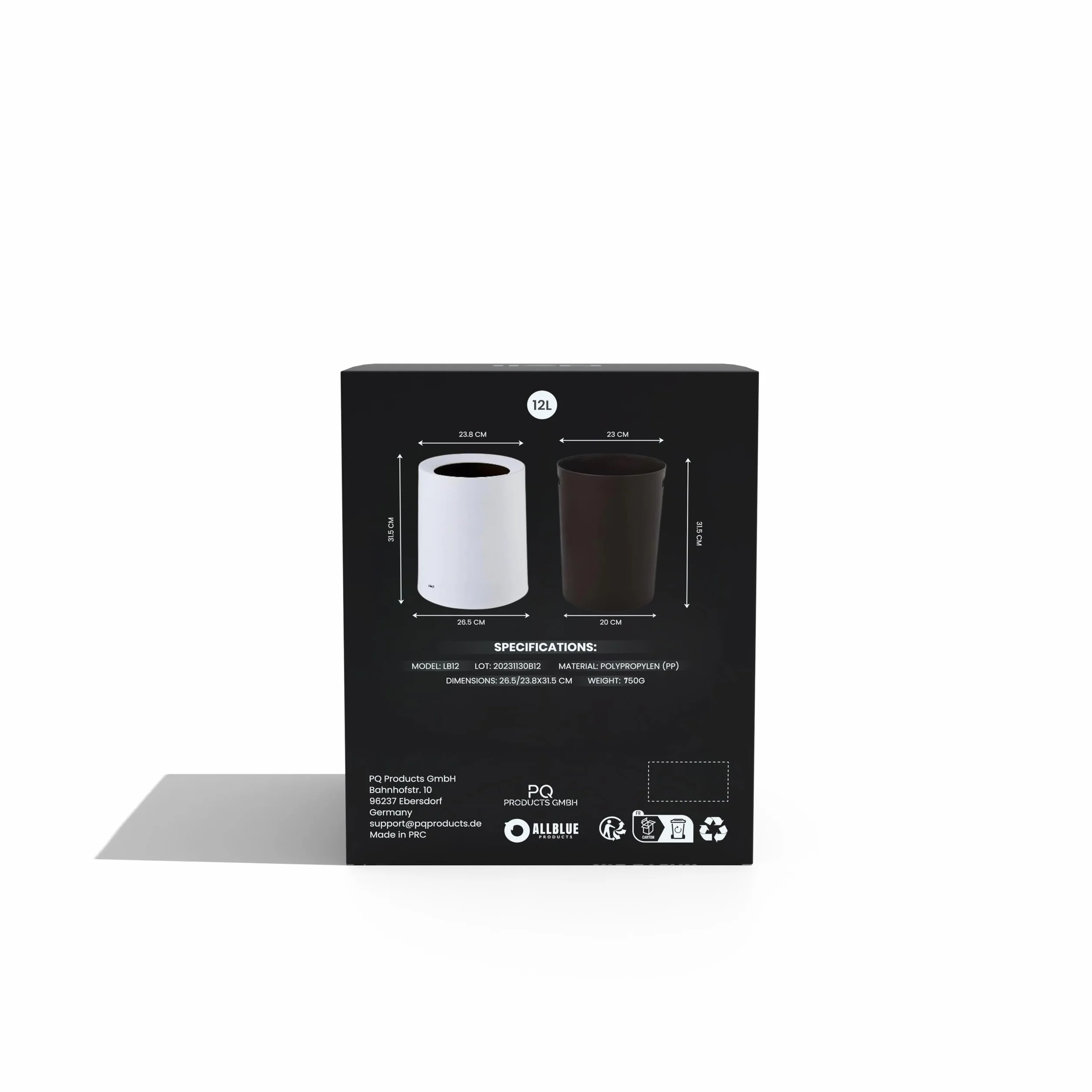 Nell Cubo de basura 12 litros negro mate plástico duradero