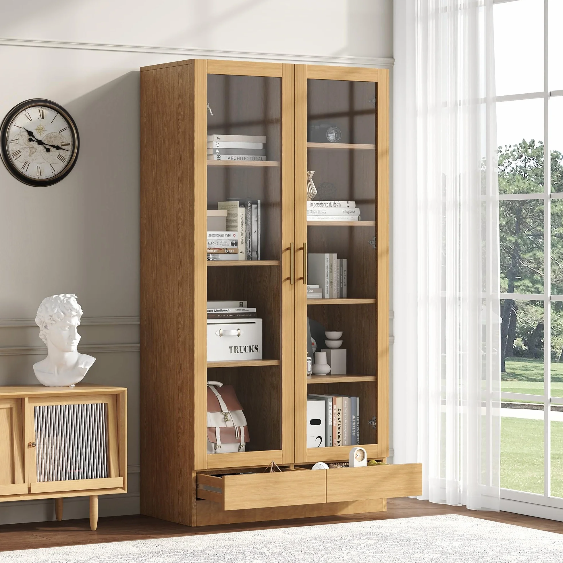 Moimhear Vitrina de cristal, estantería, estantería de almacenamiento, estantes escalonados, estantes no ajustables, cajones push to abiertos sin asas (80 x 40 x 160 cm, color madera)