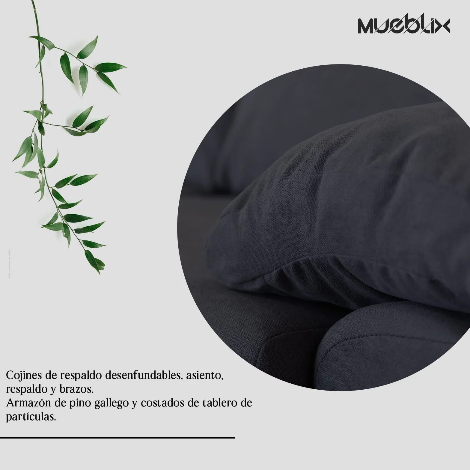 MUEBLIX.COM | Sofa Marcos, 3 Plazas, Diseño para Salón Moderno, Confortable, Armazón de Pino Gallego, Asientos de Goma Espuma, Antracita