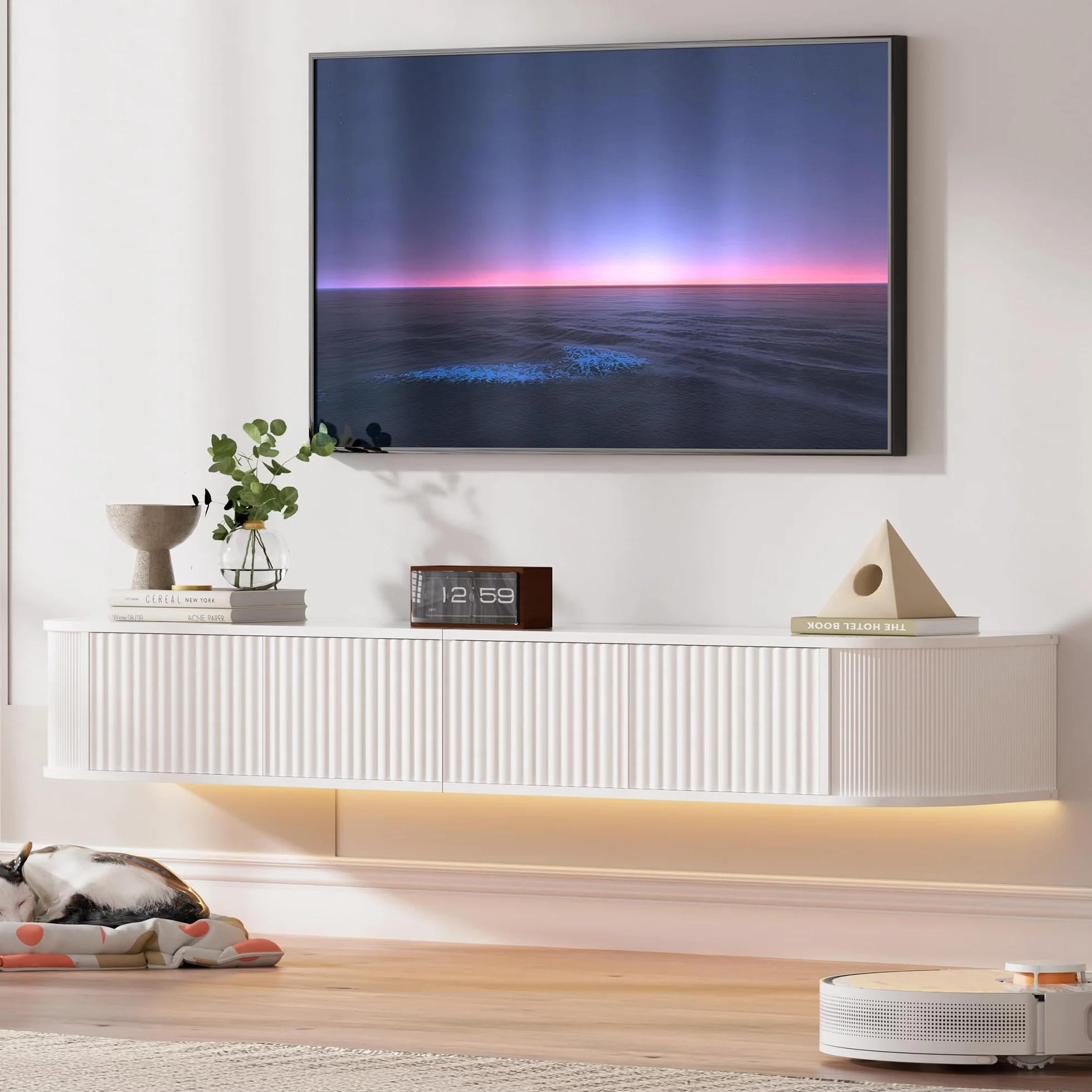 Mueble de TV Flotante con Luz LED - Mueble de TV Montado en Pared de 140CM con Almacenamiento Mejorado y Bordes Redondeados, Consola Multimedia de TV Moderna para Televisores 43-55 Pulgadas