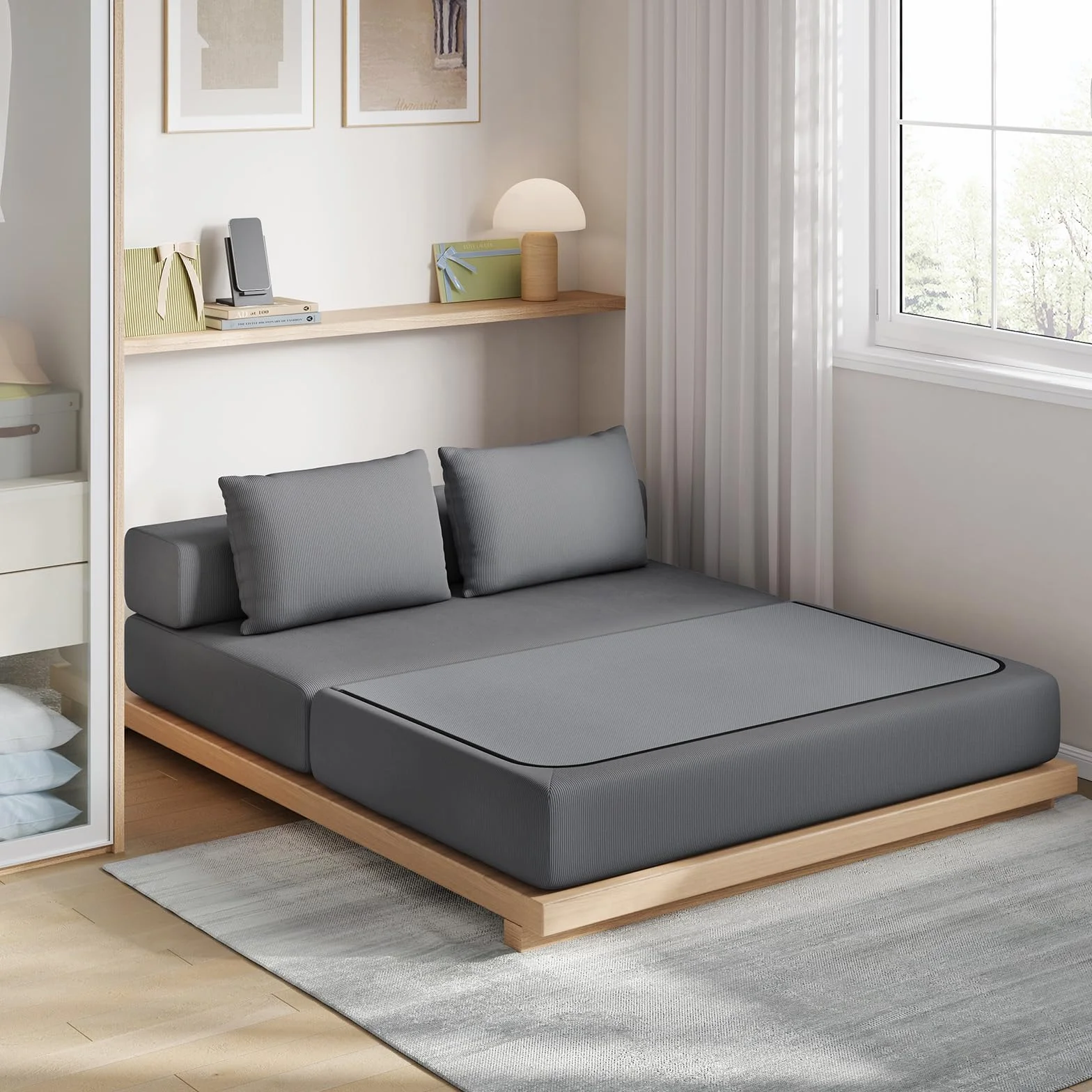 EUGAD Sofá Cama 2 Plazas con Cojines Mullidos, Puff Cama Plegable para 2-3 Personas, Sofa Plegable de Esponja de Densidad y Tejido de Pana, para Salón, Dormitorio, Lofts, Gris Oscuro