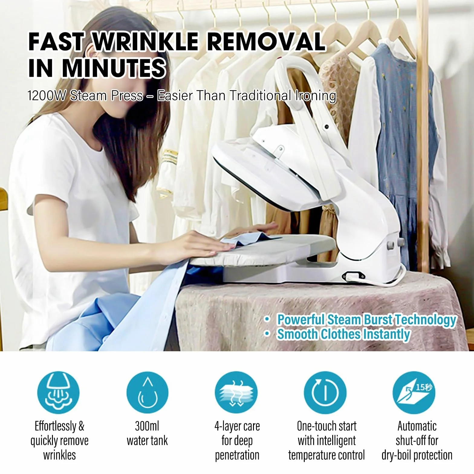 Acabado de vapor para camisas, pantalones y uniformes con pantalla LED, potencia de 1200 W, 5 preajustes de tela, gran superficie para hoteles y hogares