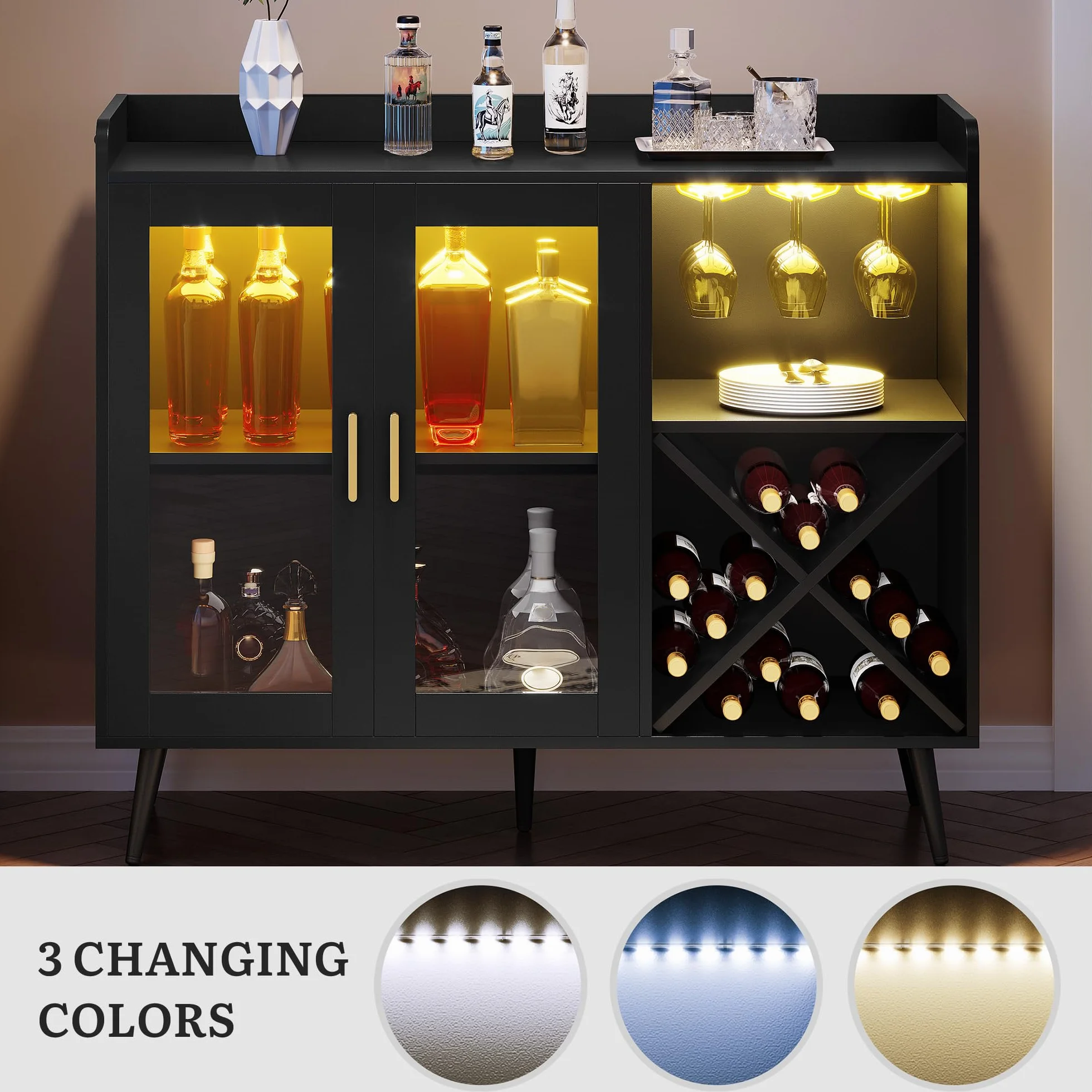 YITAHOME Gabinete de Bar con Luces LED Ajustables, Barra de café con Estante para Vino y Ganchos y Armario de Puerta acrílica, aparador de Buffet de Cocina para el hogar, Bar, Comedor, Sala de Estar