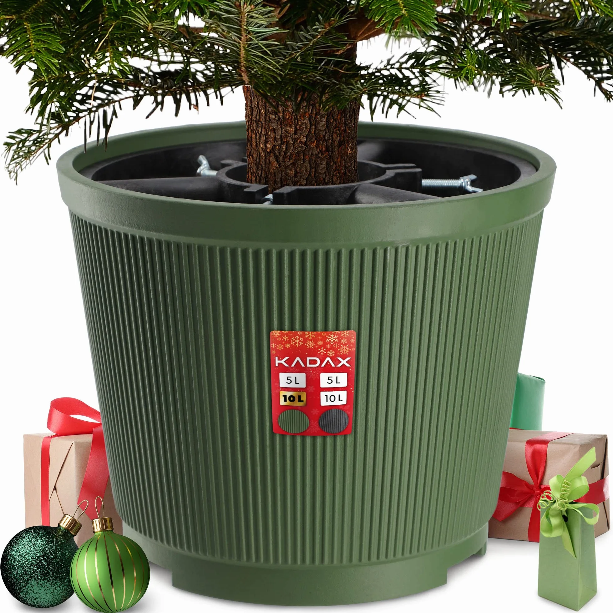 KADAX Soporte para árbol de Navidad, soporte de plástico para árbol de vacaciones, base resistente con depósito de agua para árbol de Navidad real, soporte decorativo para árbol de Navidad (verde, 10