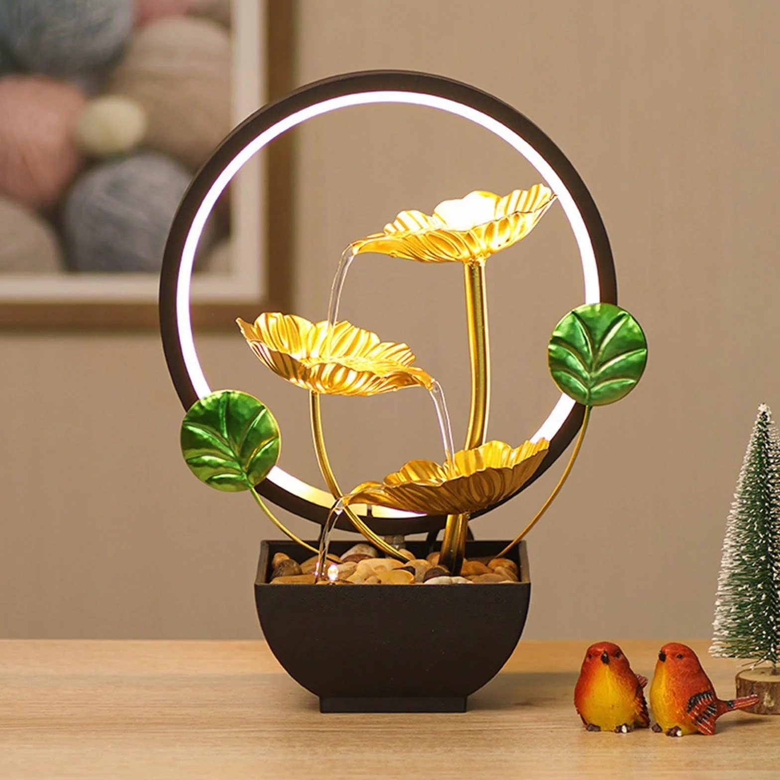Fuente de cascada para interiores de 3 niveles con luz LED y piedras para calmar la decoración del hogar y la oficina, regalo de Año Nuevo, fuente pequeña para interiores