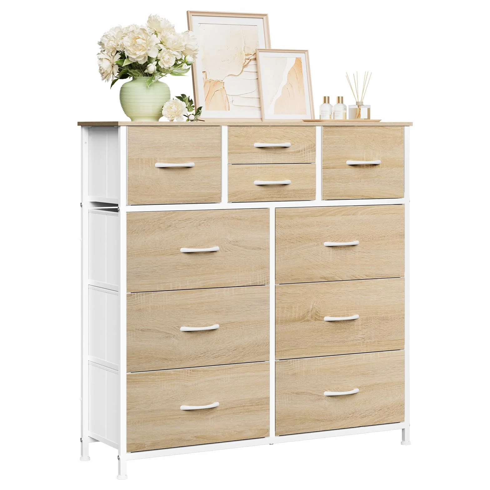 WOLTU Cajonera de Tela, Cómoda Dormitorio de Tela, Unidad de Almacenaje con 10 Cajones, para Recibidor y Salon, Estructura de Metal Resistente, Roble Claro+Blanco, SSK009whe