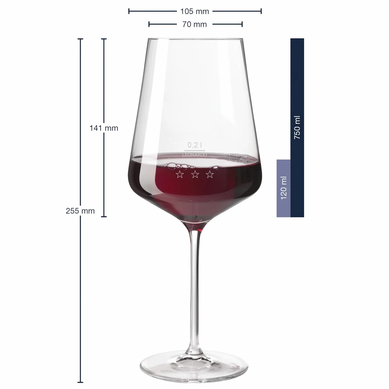 LEONARDO HOME Juego de 6 copas de vino tinto Puccini Gastro Edition, copas de vino calibradas con 0,2 l – Calibre y 0,1 l – Línea auxiliar, relleno de borde 750 ml, vasos normalizados para hoteles y