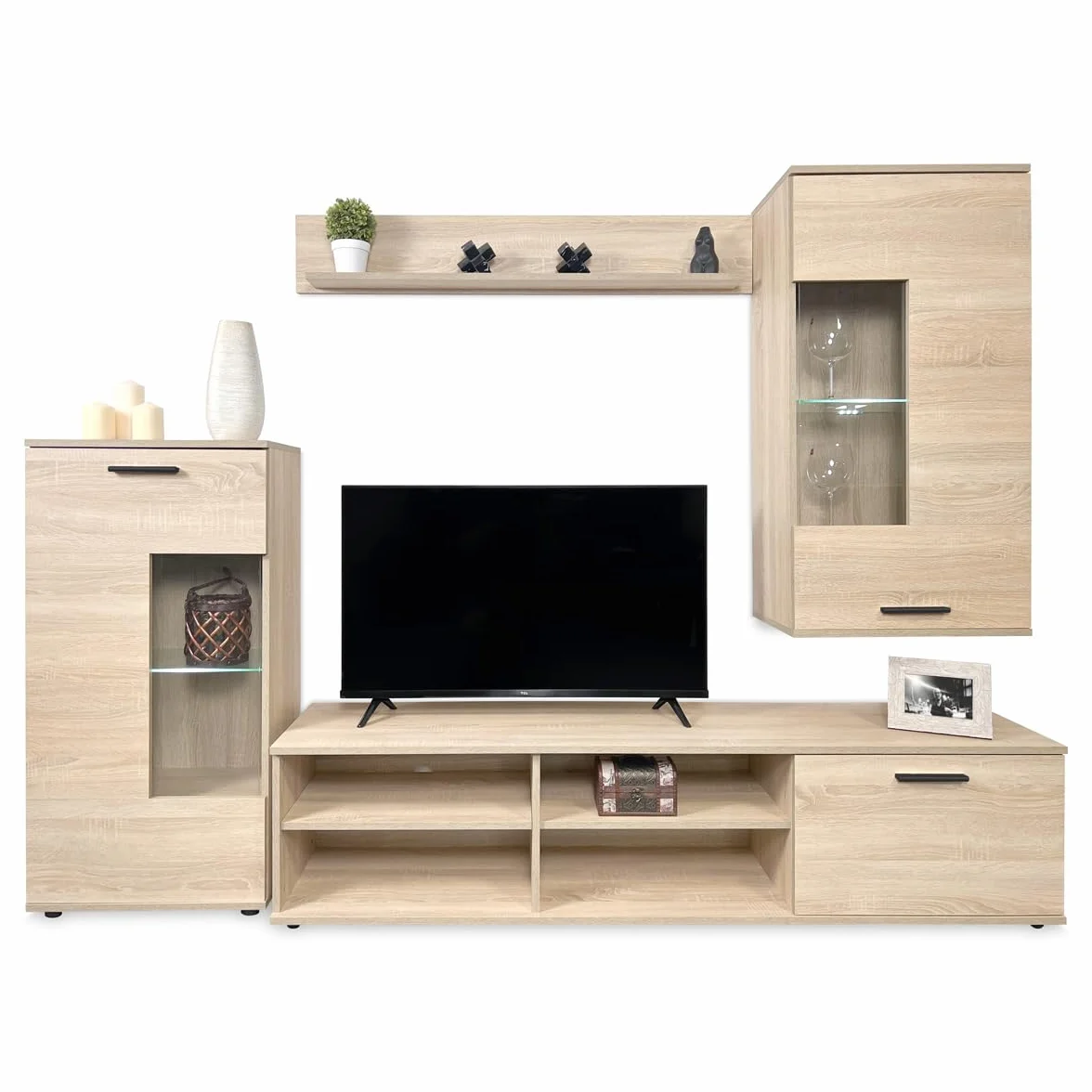 Homey - Mueble de Salón con Leds, Módulos de Comedor, Modelo Alemore, Acabado en Cambria, Medidas: 229 cm (Ancho) x 200 cm (Alto) 38 cm (Fondo)