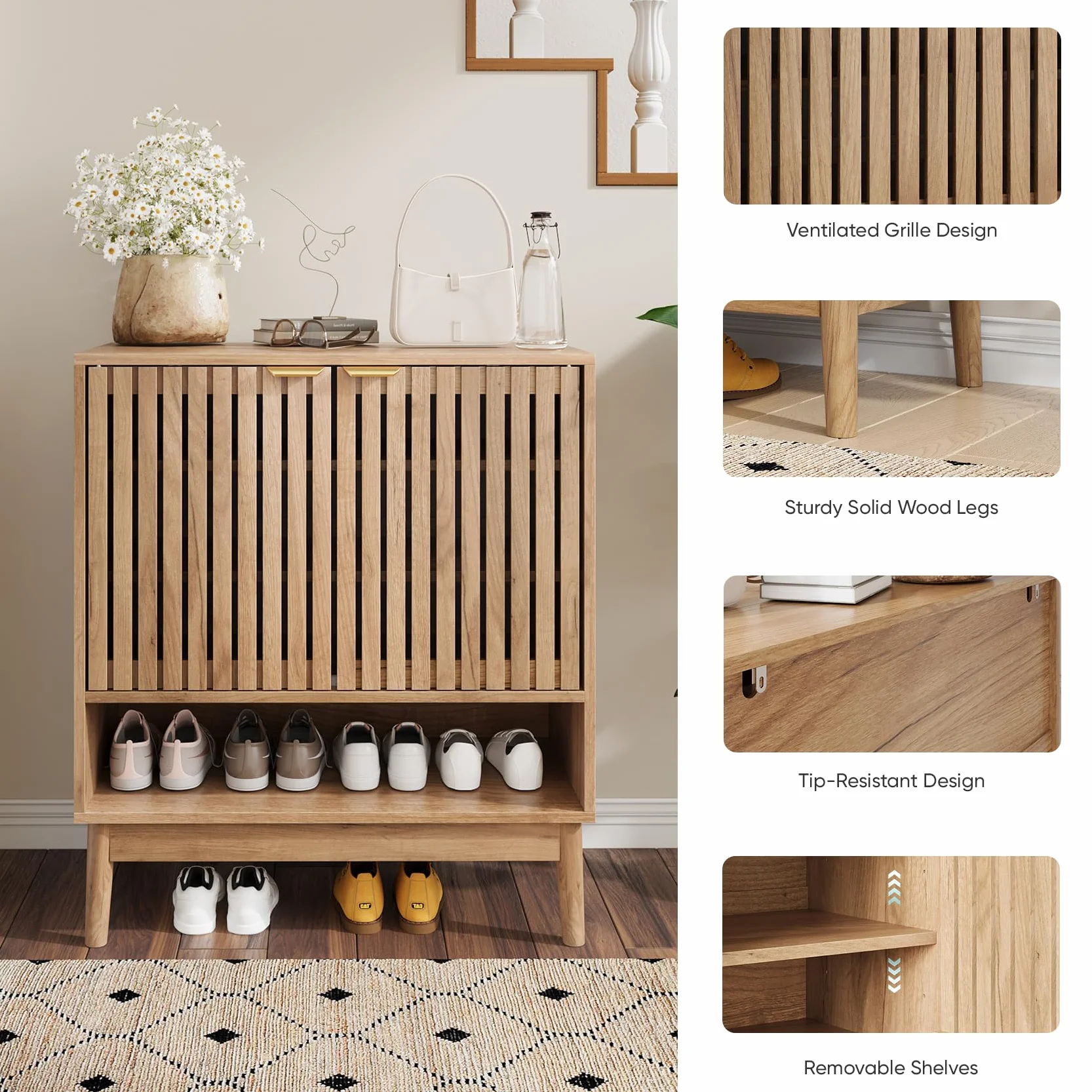 Kiasthome Zapatero de Madera con Estantes Ajustables, Organizador de Zapatos con Puertas Rejilladas, Mueble Zapatero para Entrada, Pasillo y Salón, Diseño Moderno (Madera Natural, 70 cm)