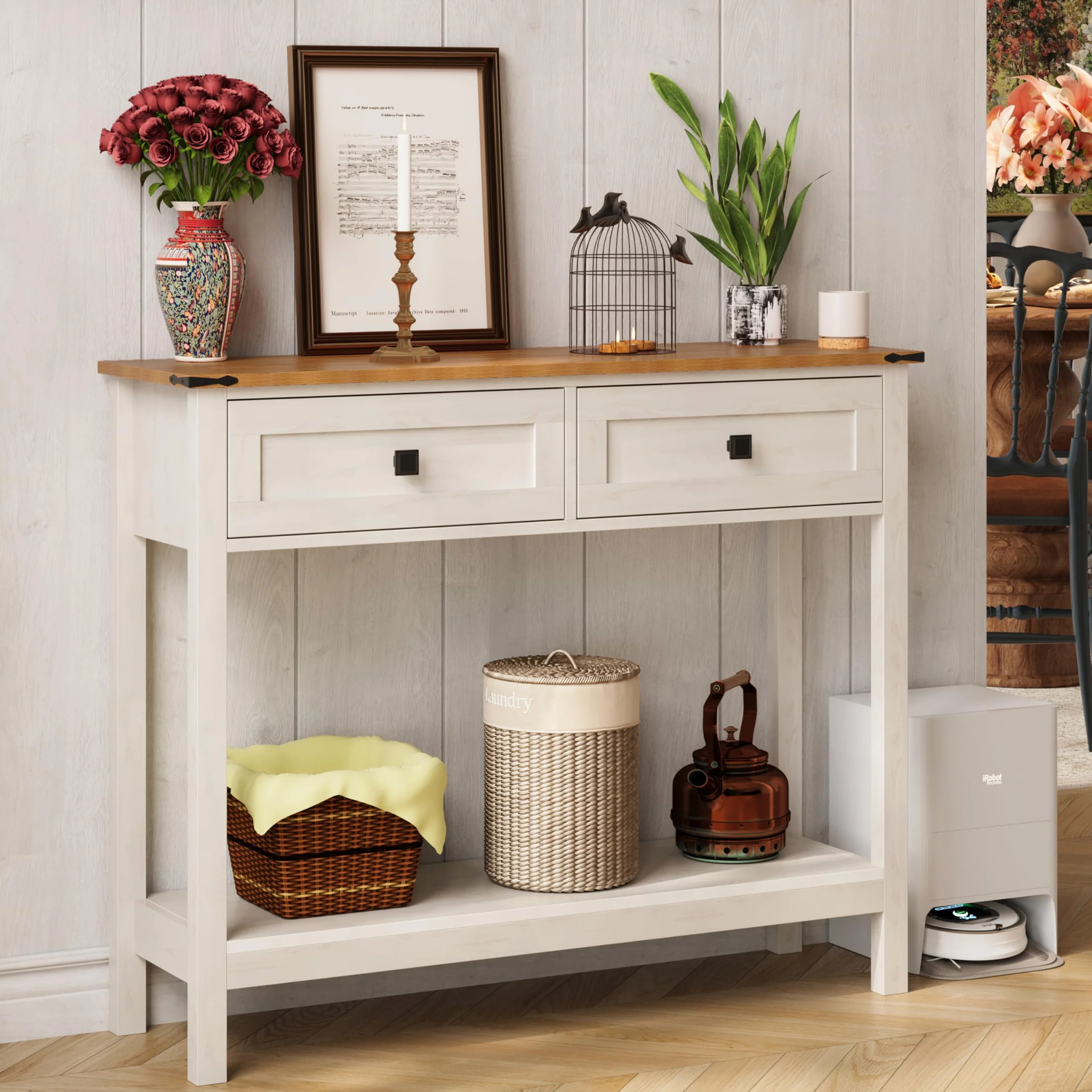 Trironsun mesa consola rústica con 2 cajones para pasillo, mesa de sofá rústica con estante abierto, pasillo de madera para dormitorio y sala de estar (blanco antiguo)