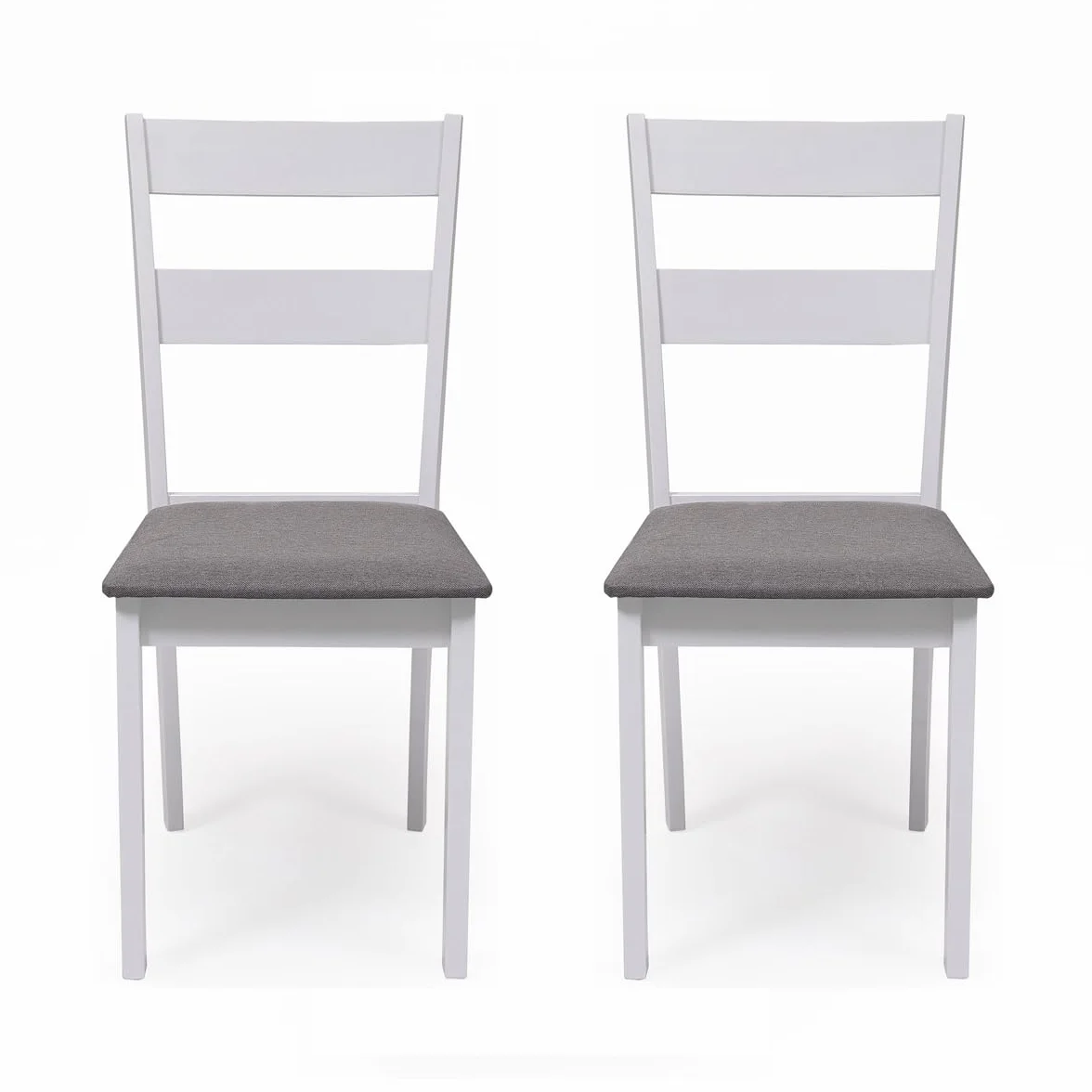 Homely - Conjunto de Comedor Kansas & Dallas White Mesa de Comedor de Madera lacada en Blanco de 112x72 cm y 4 sillas de Comedor de Madera lacadas en Blanco y Asiento tapizado de Tela Gris