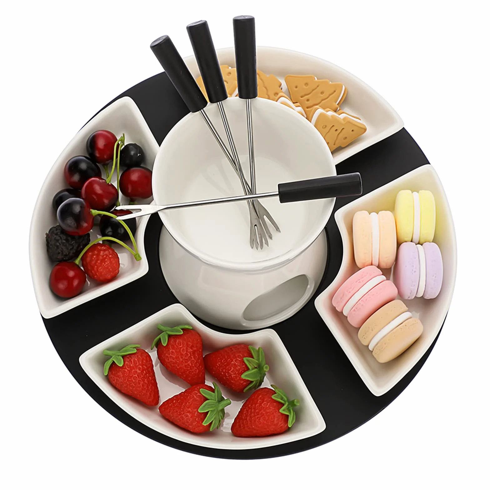Fondue de Chocolate 300ml Cerámica Blanca Juego de Fundidor de Queso Cuadrado 11 Piezas con 4 Tenedores y Platos de Madera