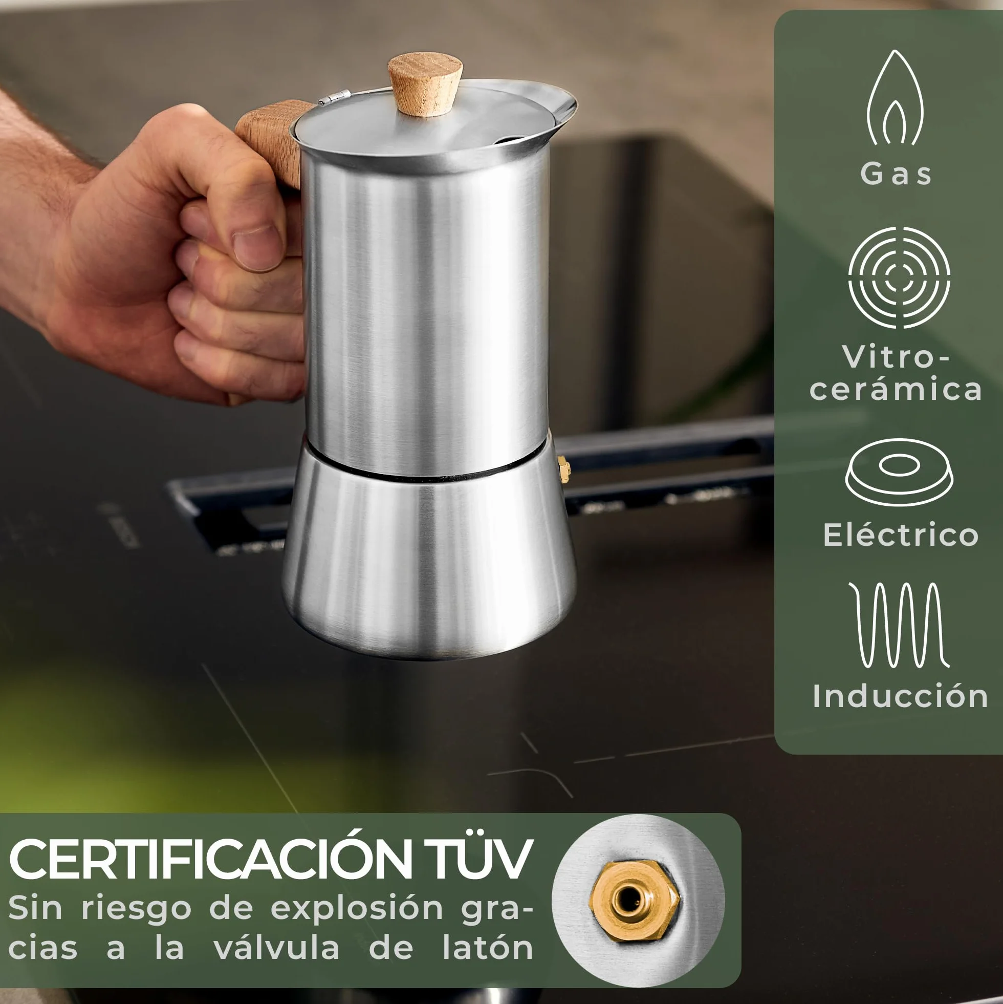 WALDWERK Cafetera italiana induccion (300 ml) – Cafetera italiana acero inoxidable todo tipo de cocinas – Cafetera induccion con mango de auténtica madera de roble