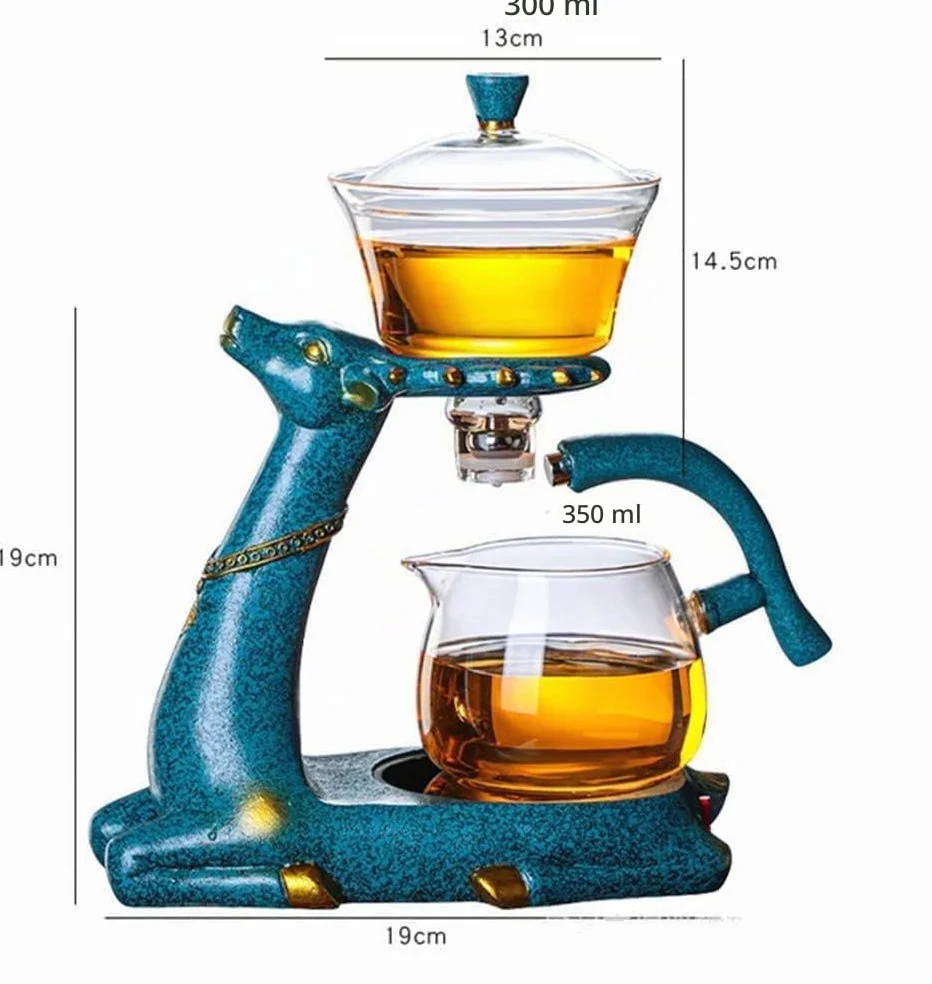RORA - Juego de té de cristal resistente al calor Kungfu con calefacción magnética, tapa giratoria, cuenco perezoso semiautomático de vidrio de ciervo (tetera con 6 tazas)