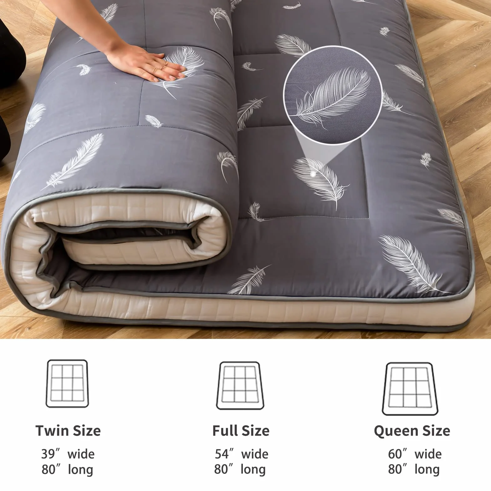 MAXYOYO Colchón de futón, colchón japonés acolchado, cubrecolchón de cama, extra grueso, plegable, transpirable, tumbona de suelo, cama de invitados para sofá de campamento (pluma, King)
