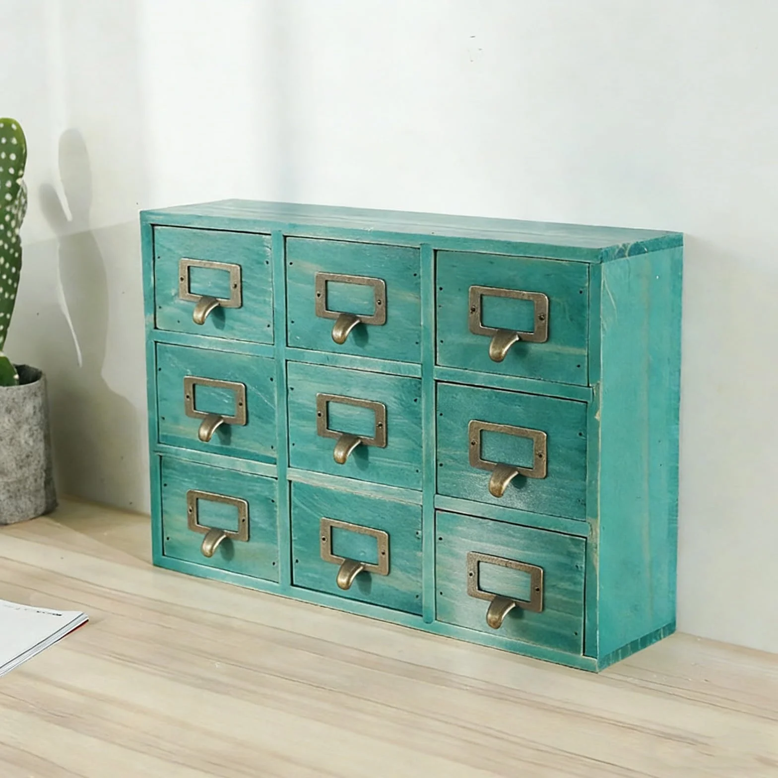 Gabinete De Madera, Boticario Y Tarjetero Con Cajones Y Tiradores Metálicos, Organizador Vintage De Sobremesa Para Té, Manualidades Y Material De Oficina(Blue,9-Drawer)