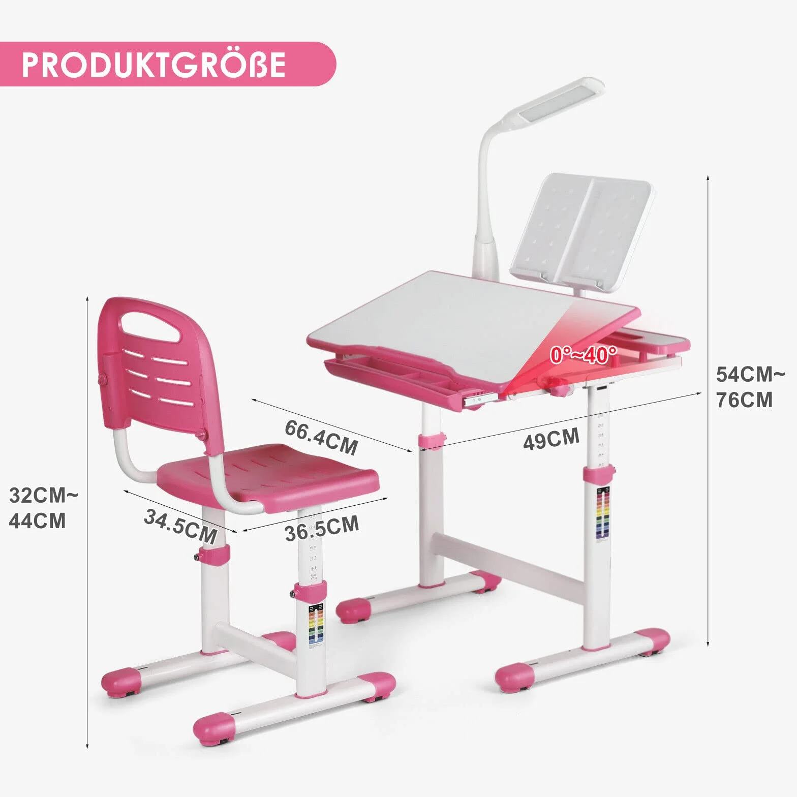 JOYLDIAS Escritorios Infantiles, Mesa Escritorio Niño Regulable en Altura con Lámpara, con Silla y Cajón, Incluye Cubo Pequeño/Rosa
