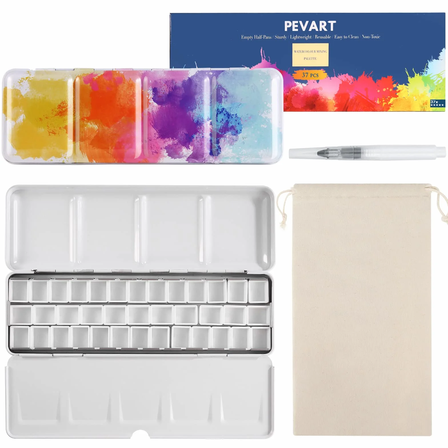 Juego de 40 Unidades de 1 Caja de Acuarela vacía Caja de Pintura de Metal, 37 sartenes vacías de Acuarela, para Acuarela, 1 Pincel para depósito de Agua, 1 Bolsa de Almacenamiento