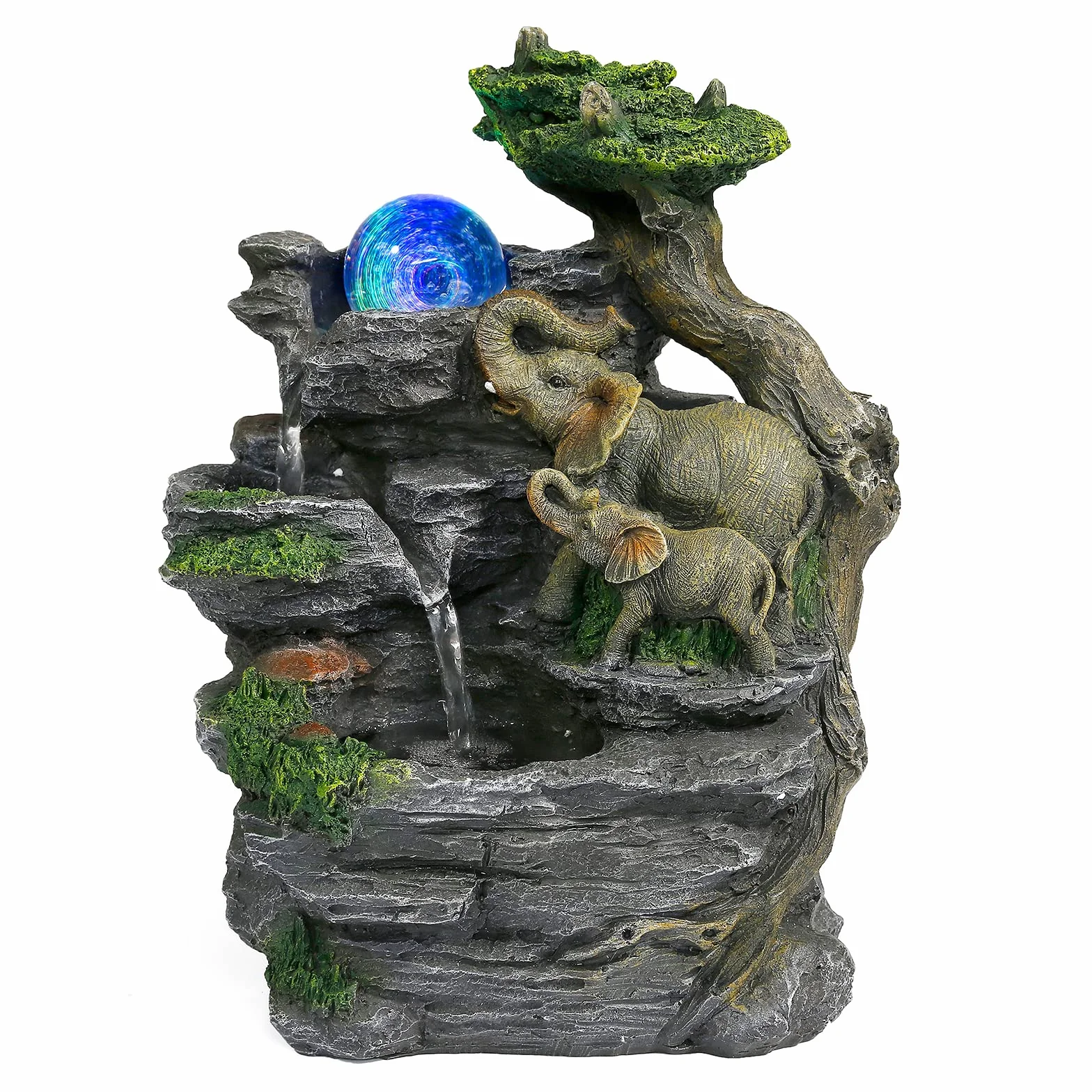 Dyna-Living Fuente de agua de polirresina iluminada de elefante para interiores, color gris y verde