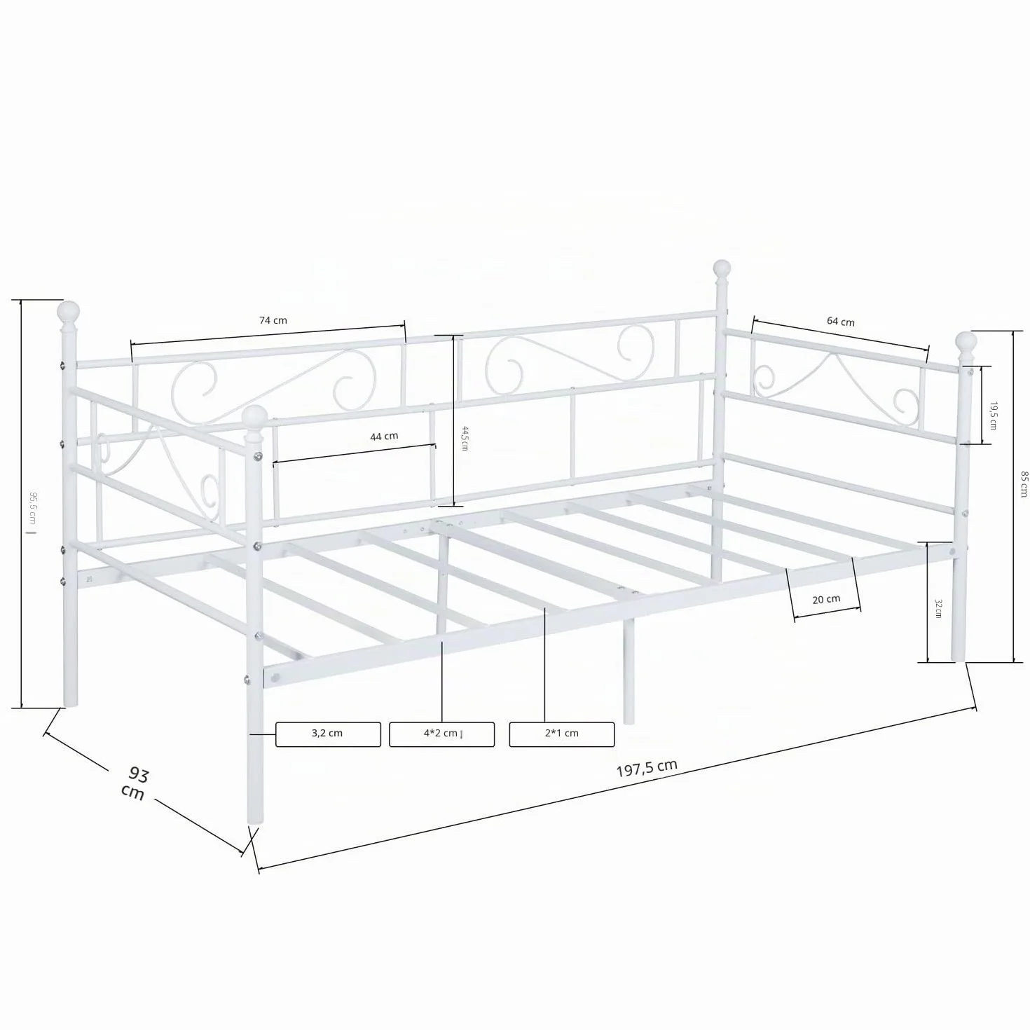 EGGREE Cama Metálica diván Cama Individual Marco de Cama para Niños Habitación Habitación Dormitorio Balcón Jardín Cama Blanco