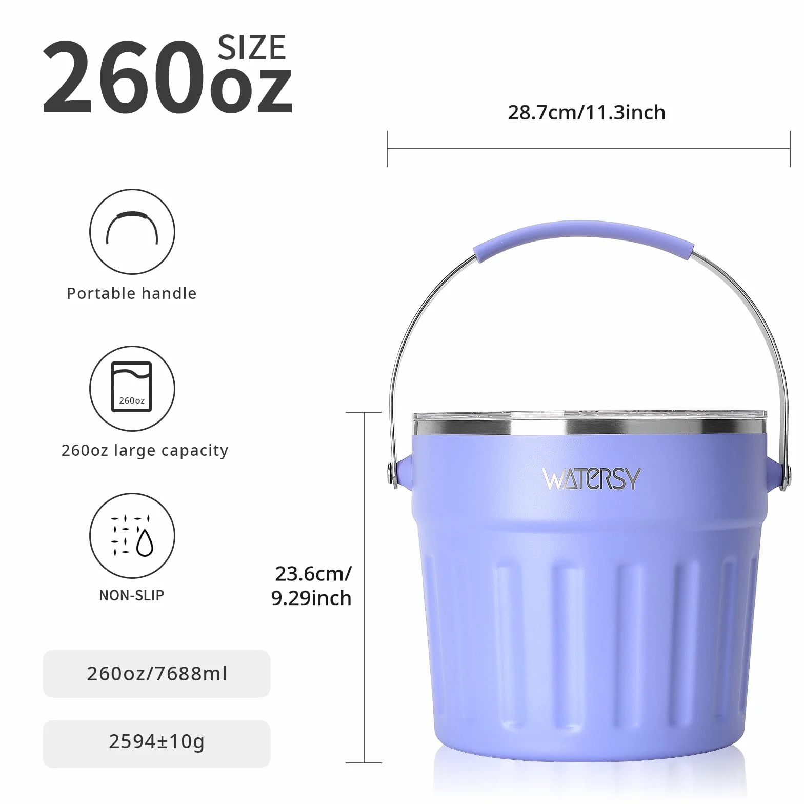 WATERSY de 7.6 L Cubitera con Tapa y Asa, Cubitera para Hielo Reutilizable Acero Inoxidable de Doble con Pinzas y Pala, para Cócteles, Whisky, Cerveza, Bares (Morado)