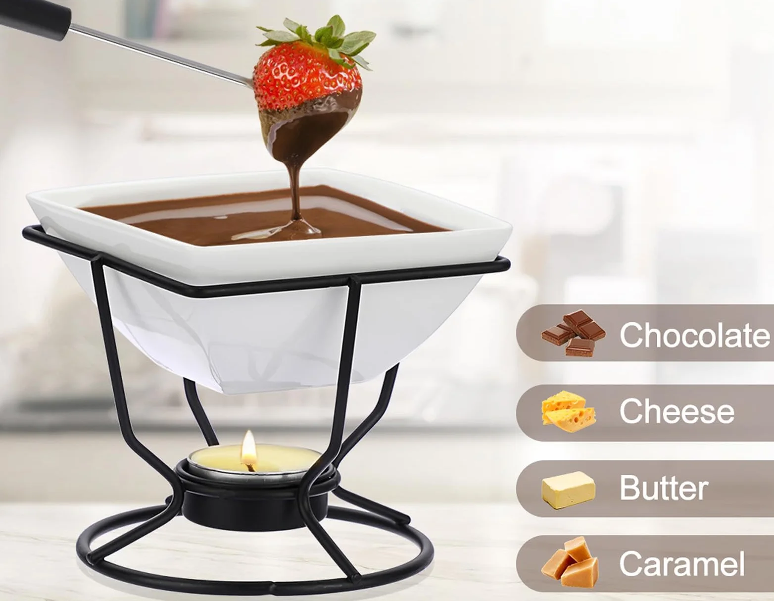 Juego de Fondue de Chocolate Cerámica Cuadrado Blanco 200ML con 2 Tenedores Soporte Redondo de Hierro Negro