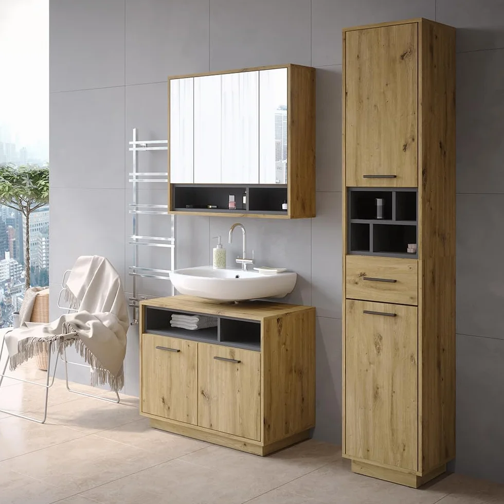 Vicco Armario de baño Beatrice, Roble Artesanal/Antracita, 38 x 190 cm con Puertas, cajón, para el Almacenamiento de artículos de baño y Compatible con Beatrice