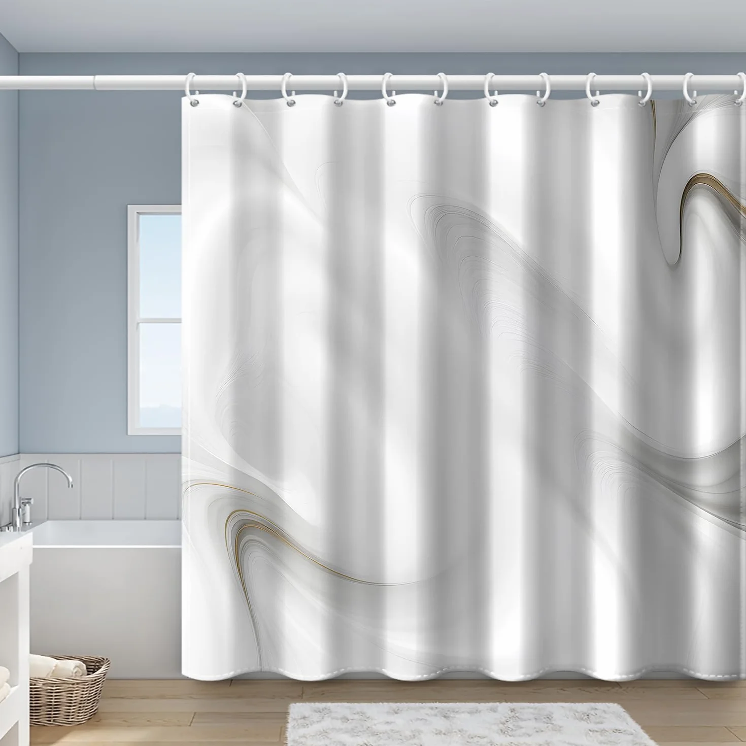 Cortina de ducha impermeable de mármol blanco y gris, tela de poliéster a prueba de moho para decoración de baño elegante para uso en todas las estaciones (120 x 220 cm)