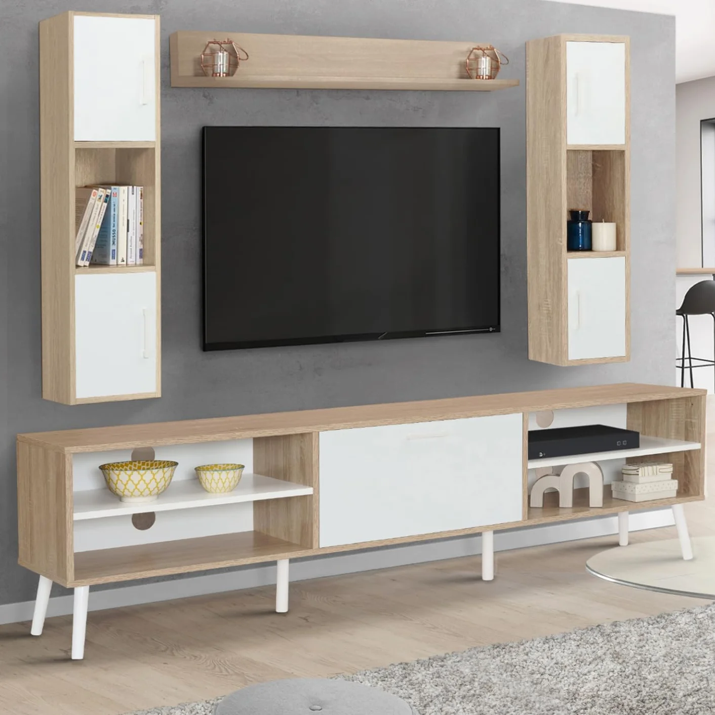 IDMarket - Conjunto de mueble de TV de 180 cm y estantes Houston de madera y blanco