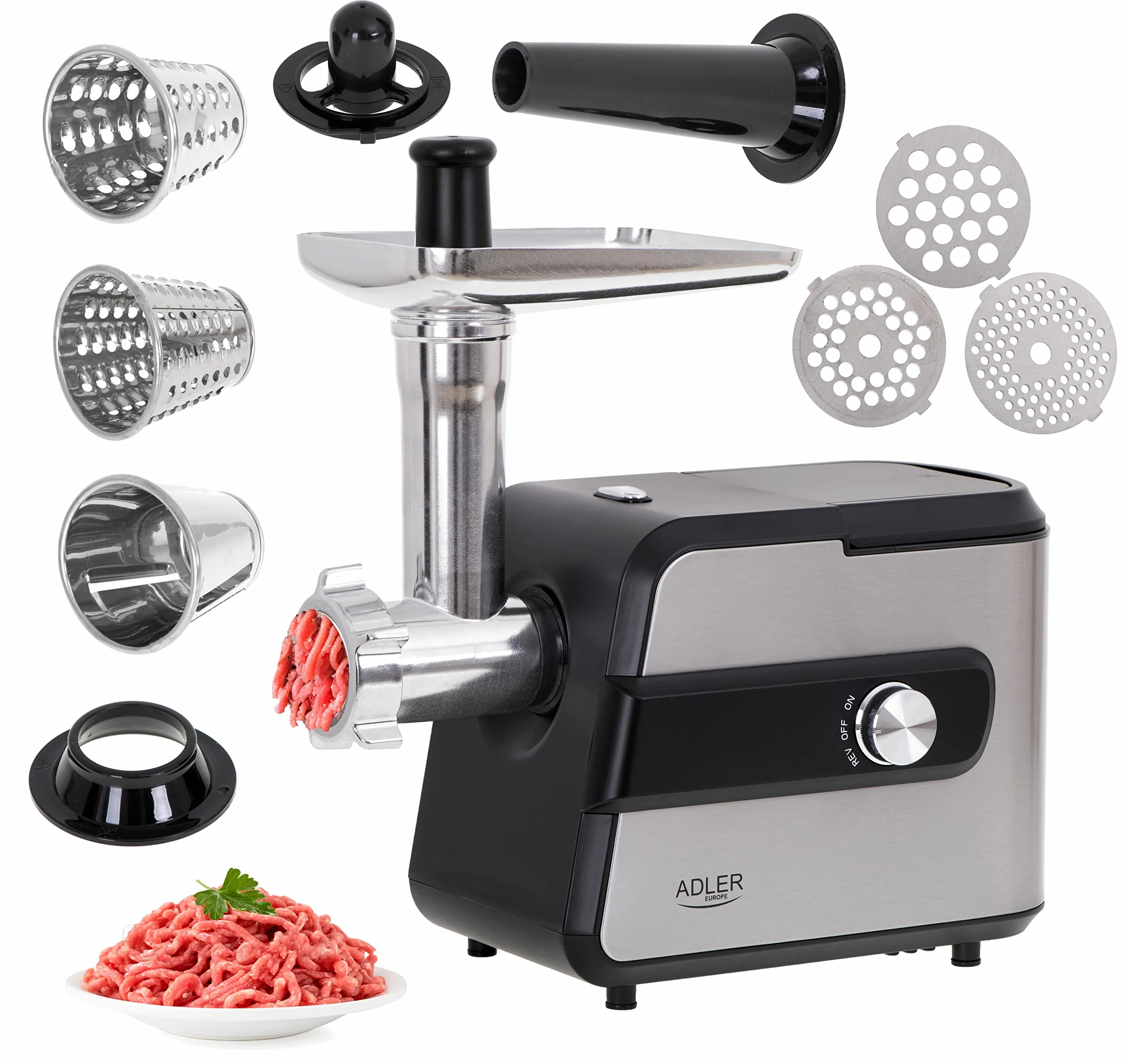 Adler AD 4813 - Picadora de carne nº 5 con rebanadora, 2000 W, máquina picadora de carne picada con carcasa de acero inoxidable, para carne y verduras