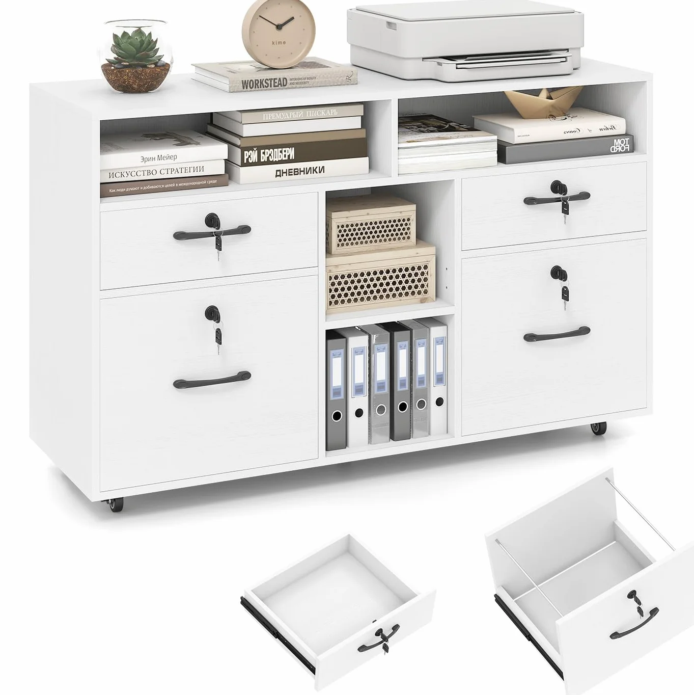 KOMFOTTEU Armario Archivador con Ruedas, Cajonera Escritorio con Cerradura con 4 cajones, Soporte para Impresora con Estante Ajustable para Carpetas A4/Carta para Oficina, 104 x 35 x 65,5 cm (Blanco)