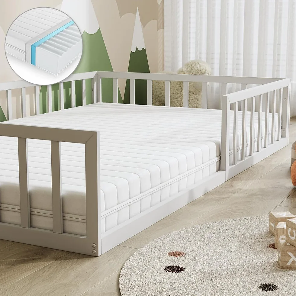 VitaliSpa Cama Baja Minno 120x200 cm, Cama Infantil Montessori de Metal con Barrera de Seguridad y colchón, Blanco