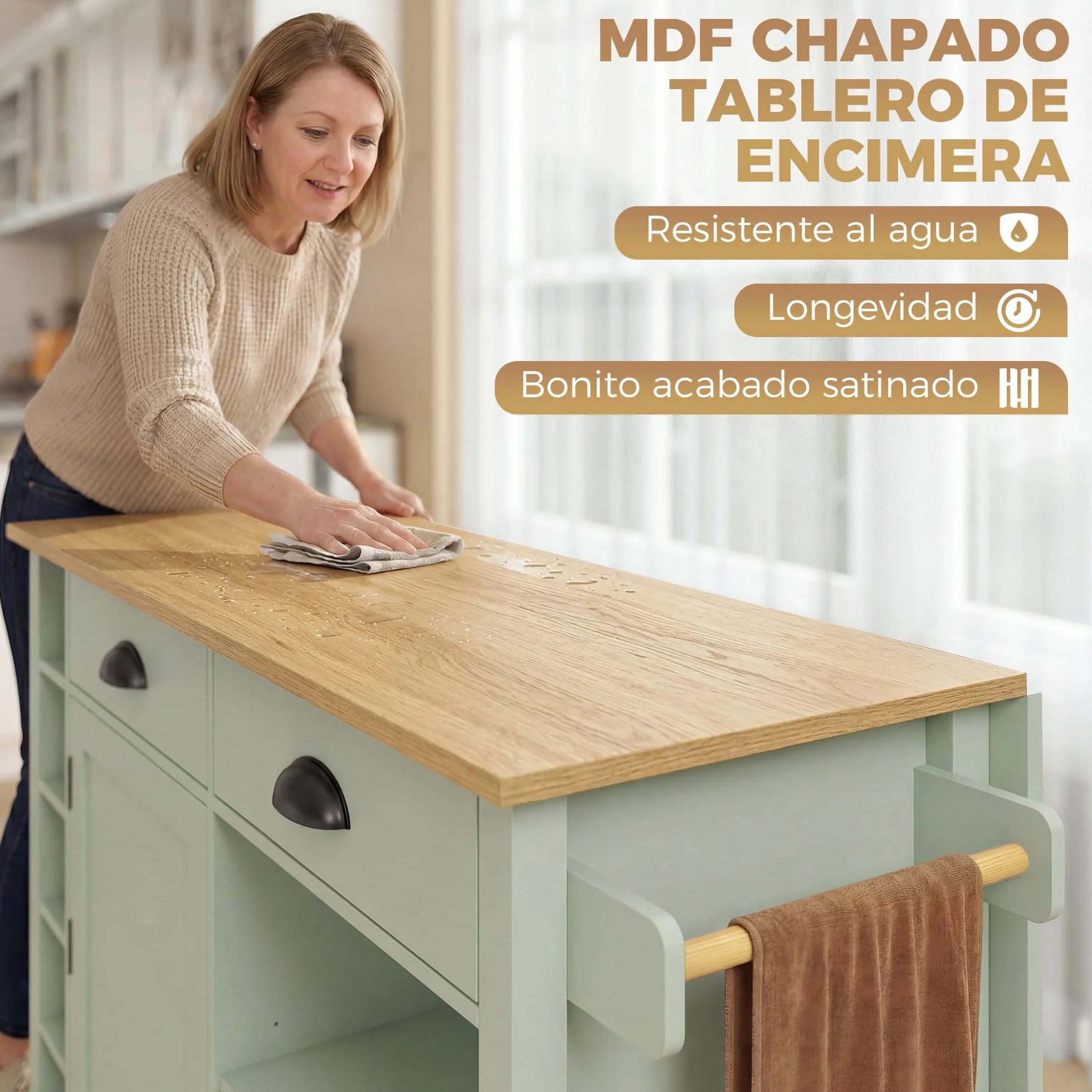 HOMCOM Isla de Cocina con Tablero Plegable y Ruedas, Carrito de Cocina con Estantes en la Puerta, Toallero, Armario, 2 Cajones, Estantes Abiertos, 117,5x70x91 cm, Verde Claro