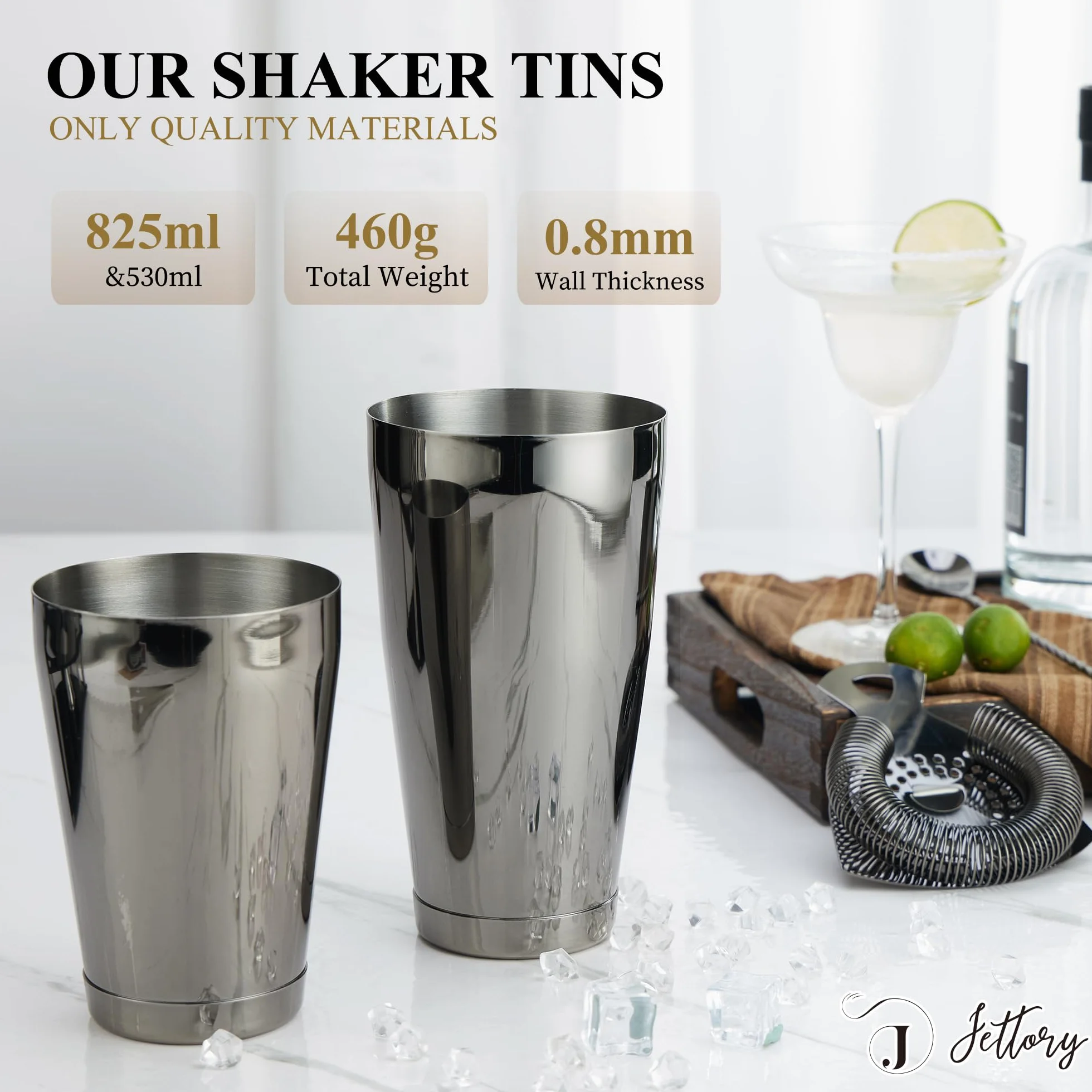 Boston - Juego de 10 cocteleras de acero inoxidable con base acrílica, colador, pinzas para hielo, cuchara de bar, vaso medidor, mortero – Perfecto para el bar en casa (negro)