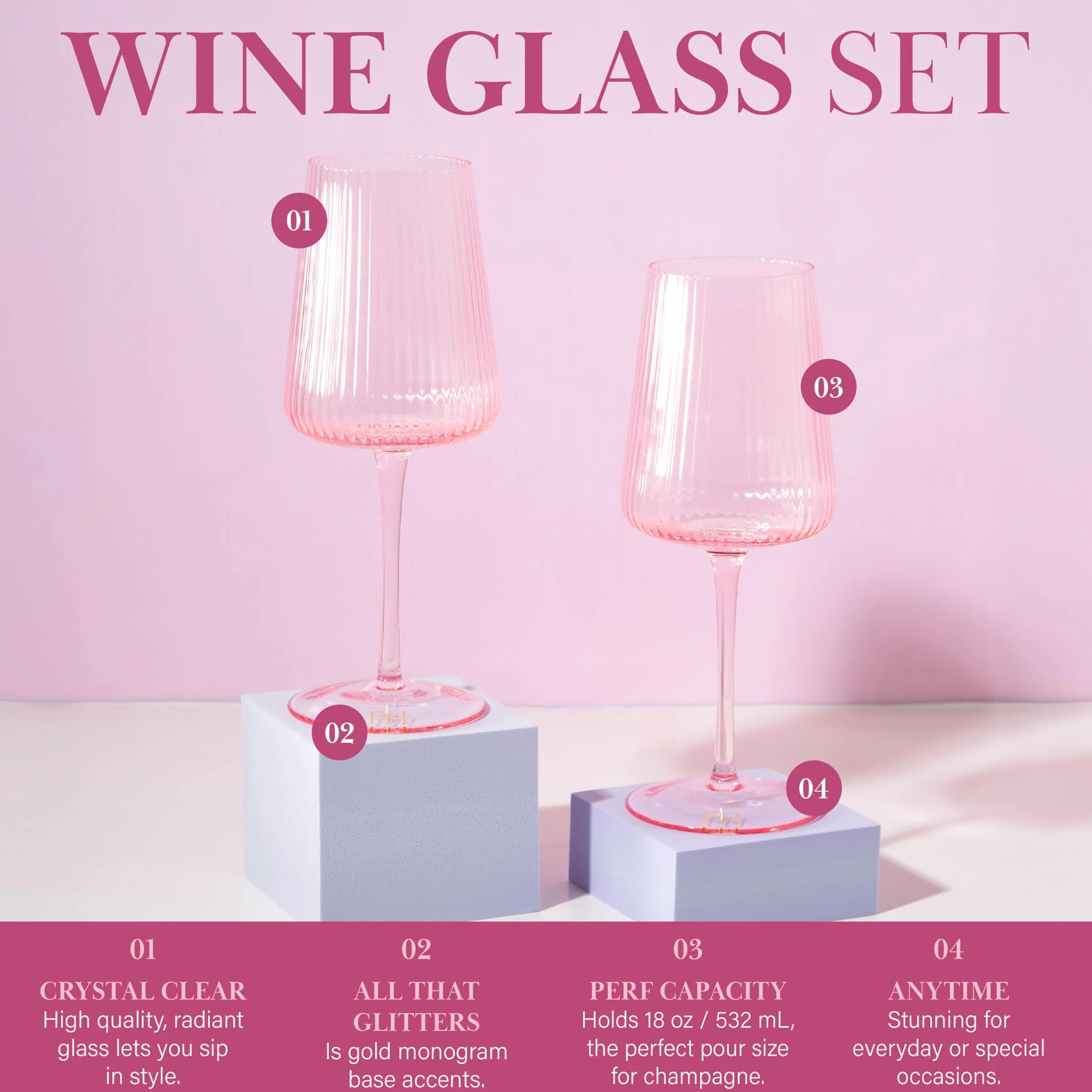 Paris Hilton Juego de copas de vino acanaladas, elegante cristalería estriada, perfecta para vino tinto o vino blanco, juego de 2, 18 onzas, rosa