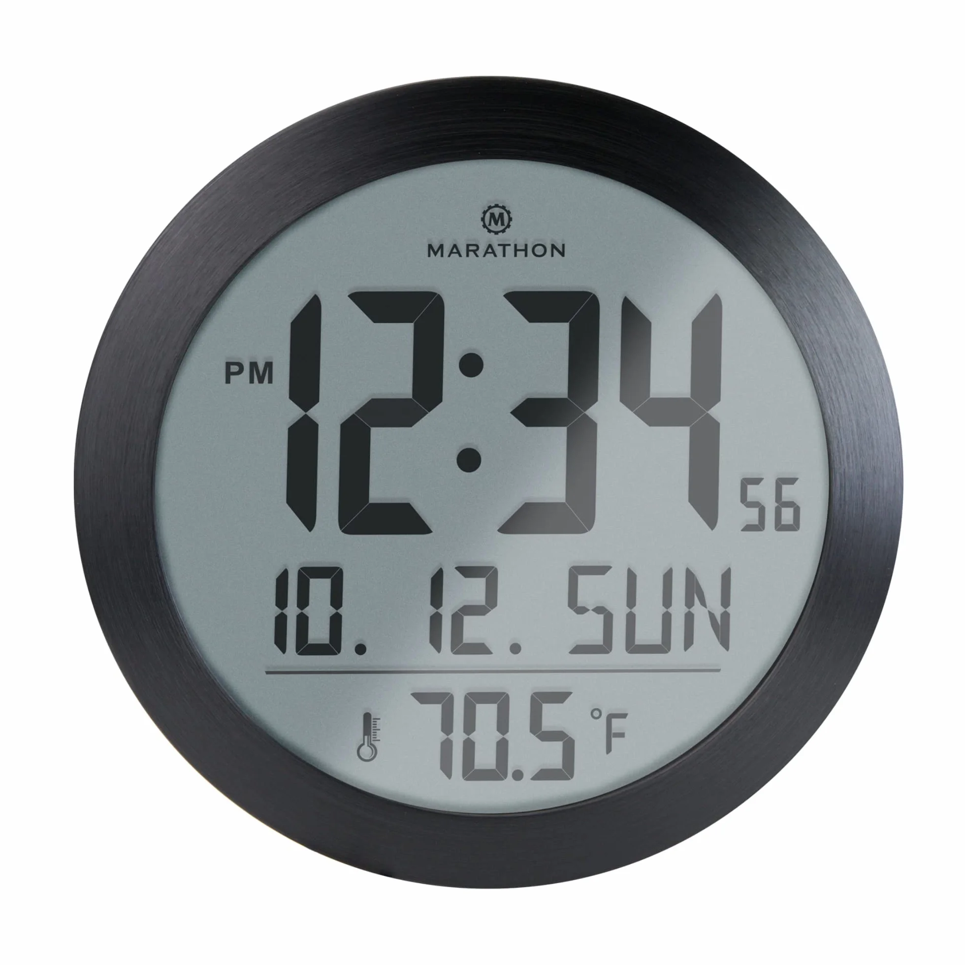 Marathon Miami - Reloj de Pared Digital Redondo silencioso, termómetro Integrado, Montaje en Pared o Soporte de Escritorio, Pantalla Grande, Calendario, Gran número, Color Negro