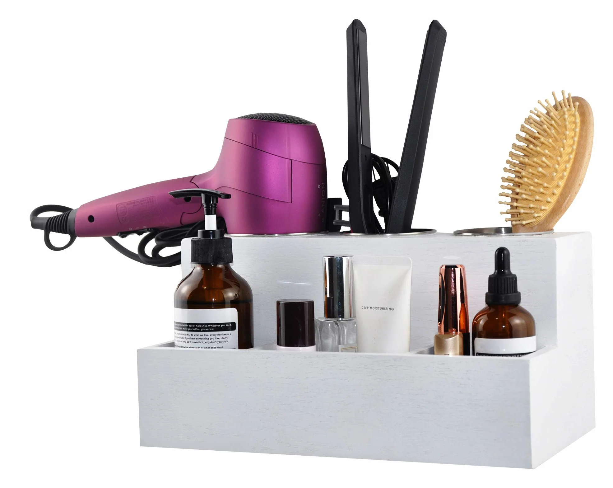 Organizador de herramientas para el pelo, y estilo del pelo, la planchita alisadora,el rizador el organizador de brochas, Montaje en pared o siéntese en el mostrador para Tocador, Baño-Blanco
