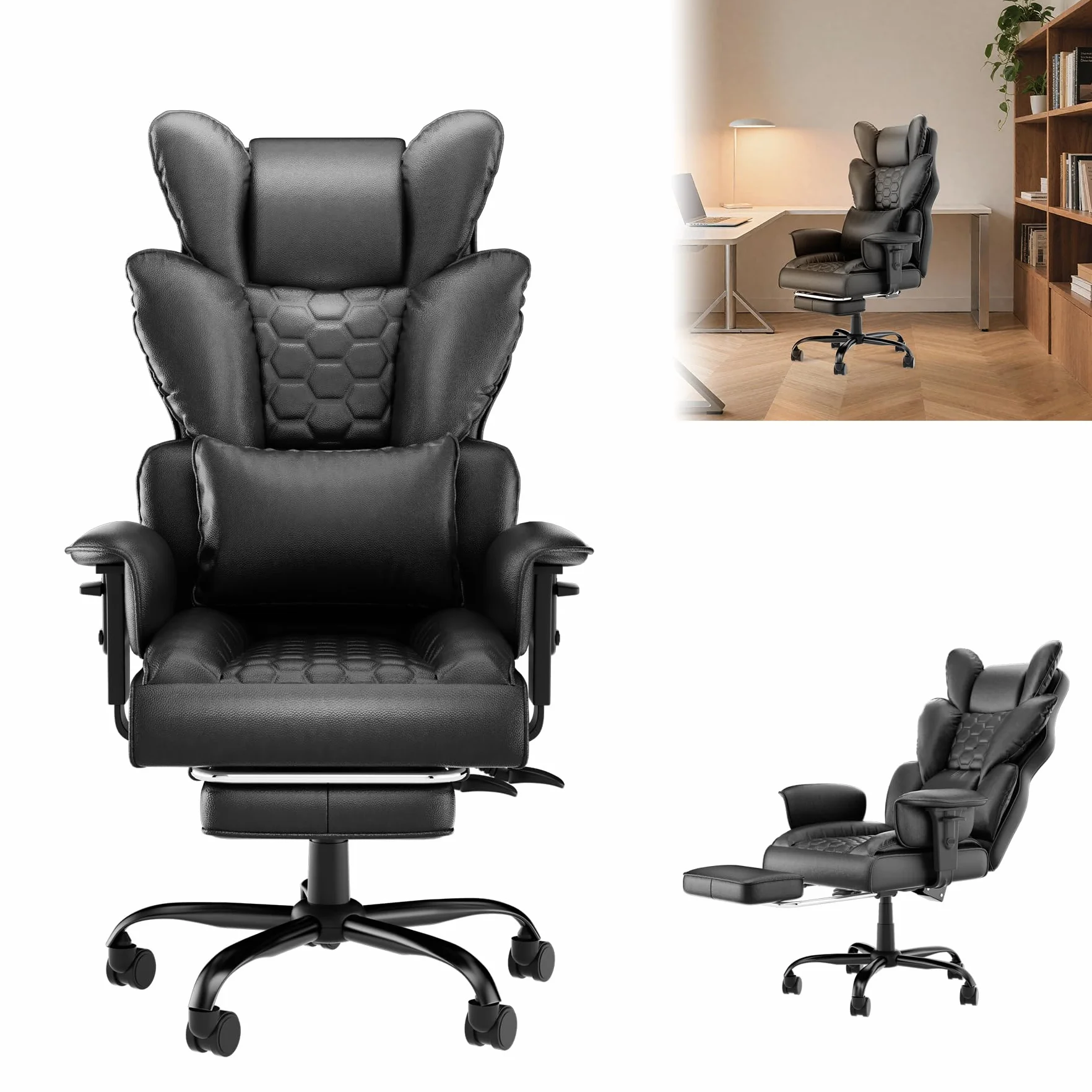 LZQ Silla de oficina ergonómica de piel con reposapiés, silla de ordenador para videojuegos de poliuretano, respaldo ajustable de 90 a 150°, reposabrazos ajustables en altura, soporta hasta 150 kg