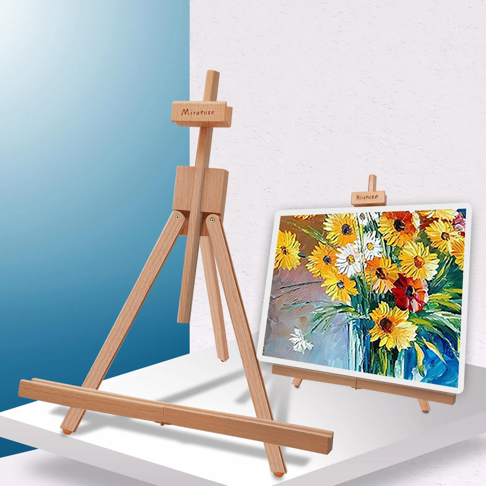 Miratuso Caballete de pintura, caballete de mesa plegable de madera con capacidad para lienzo de hasta 21 pulgadas, caballete de escritorio portátil adecuado para artistas, principiantes, estudiantes