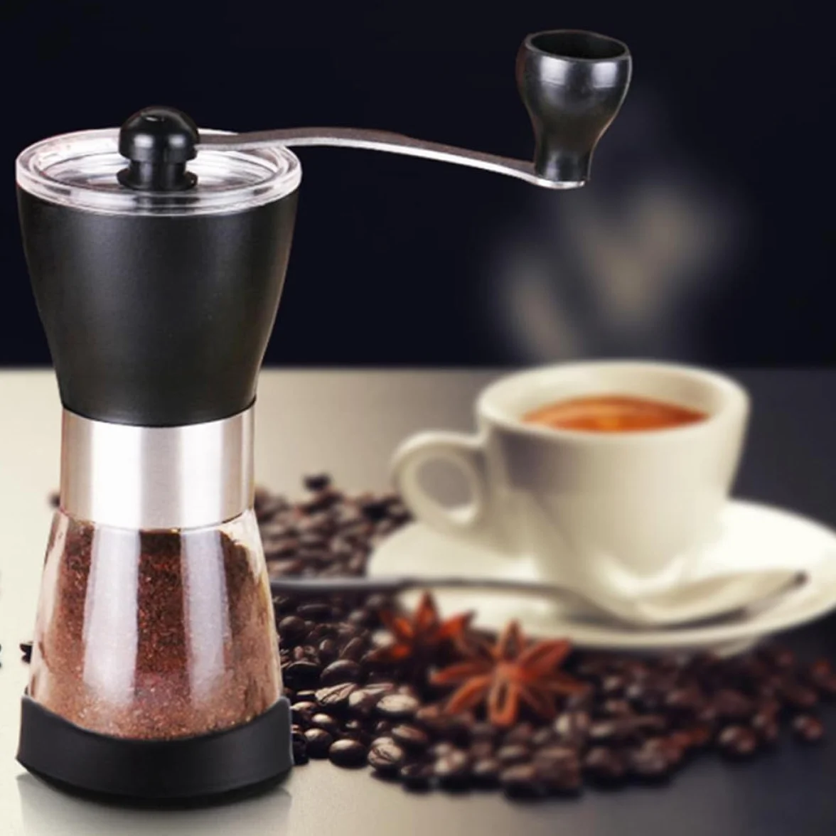Molinillo de Café Manual Recipiente de Vidrio y Muelas Cerámicas, Silencioso y Ecológico, Adecuado para Granos Cocina o Viajes