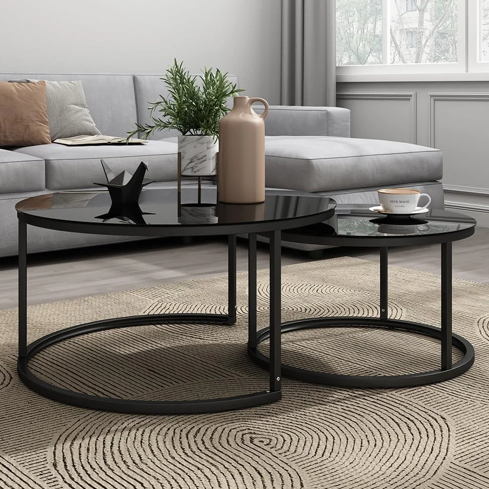 Vicco Conjunto de Mesa de Centro Montreal, Negro Brillo Intenso, 77 x 77 cm 2 Partes, Plegable para Ahorrar Espacio y combinable de Forma versátil