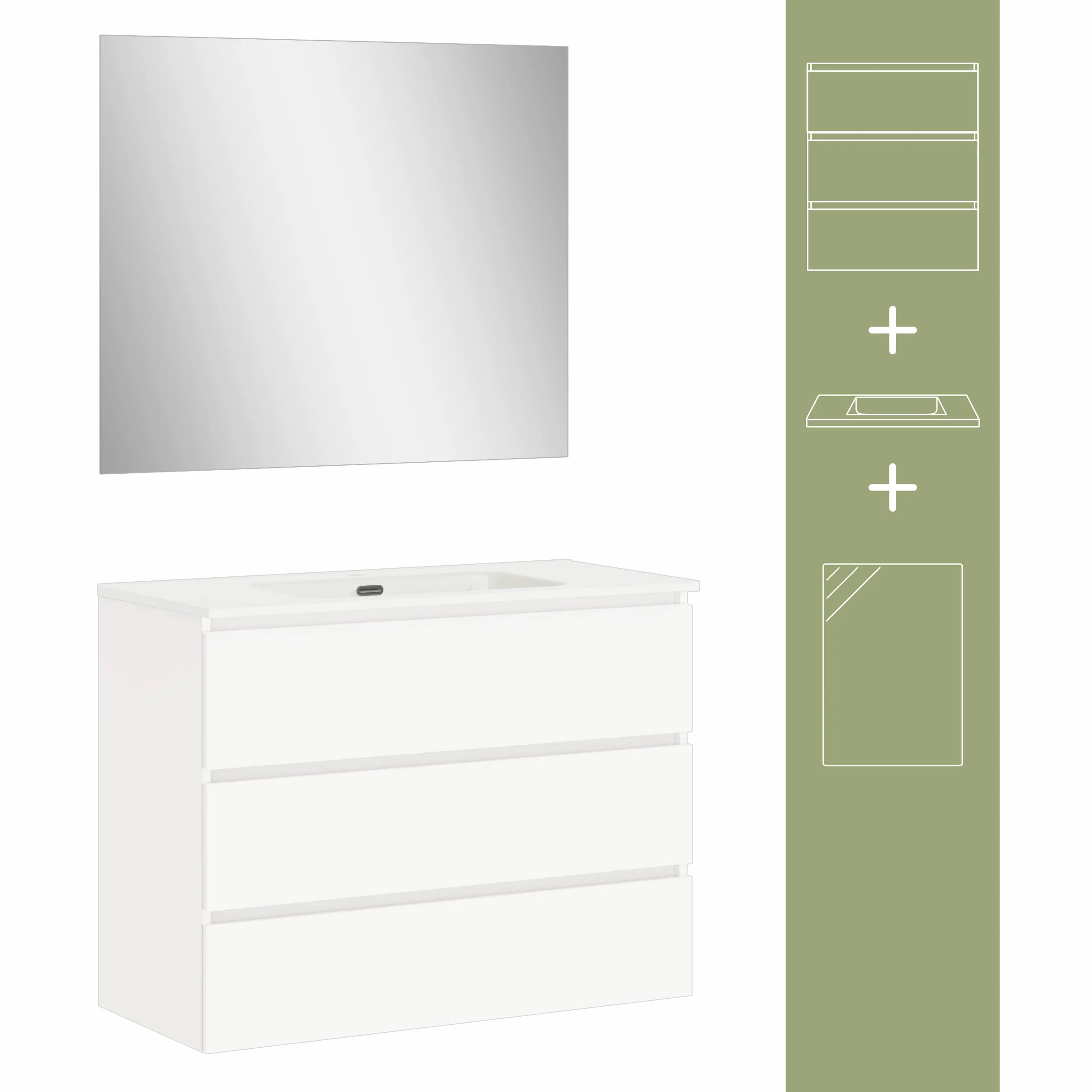 Baikal | Conjunto Completo de Mueble de Baño Suspendido a la Pared con Lavabo Cerámico y Espejo | Tres Cajones, Cierre Amortiguado, Melamina 16mm | Mueble MONTADO | Blanco Mate | 100cm